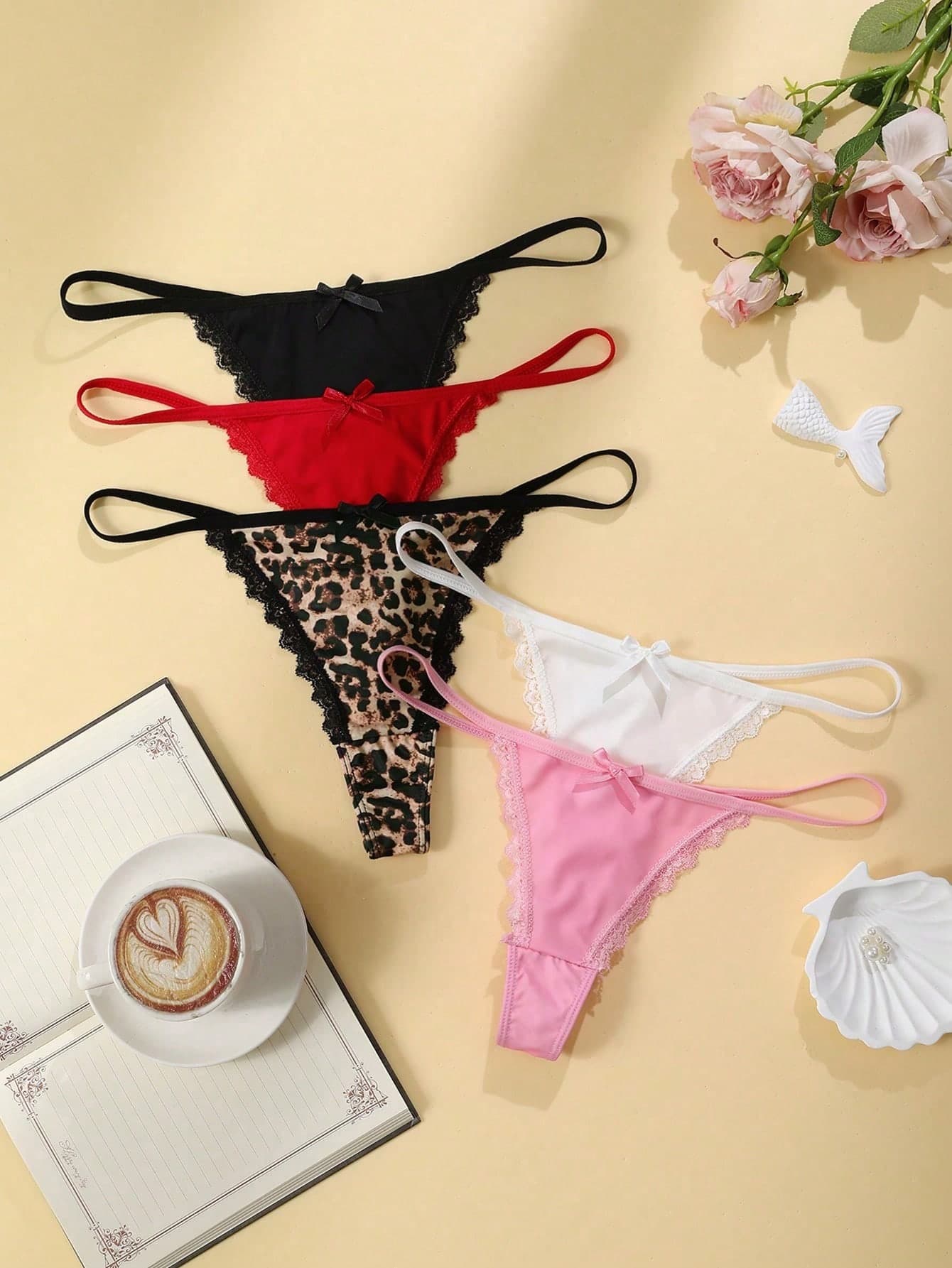5pcs/Pack Women's Lace Patchwork Bow Tie Leopard Print Thong Panties