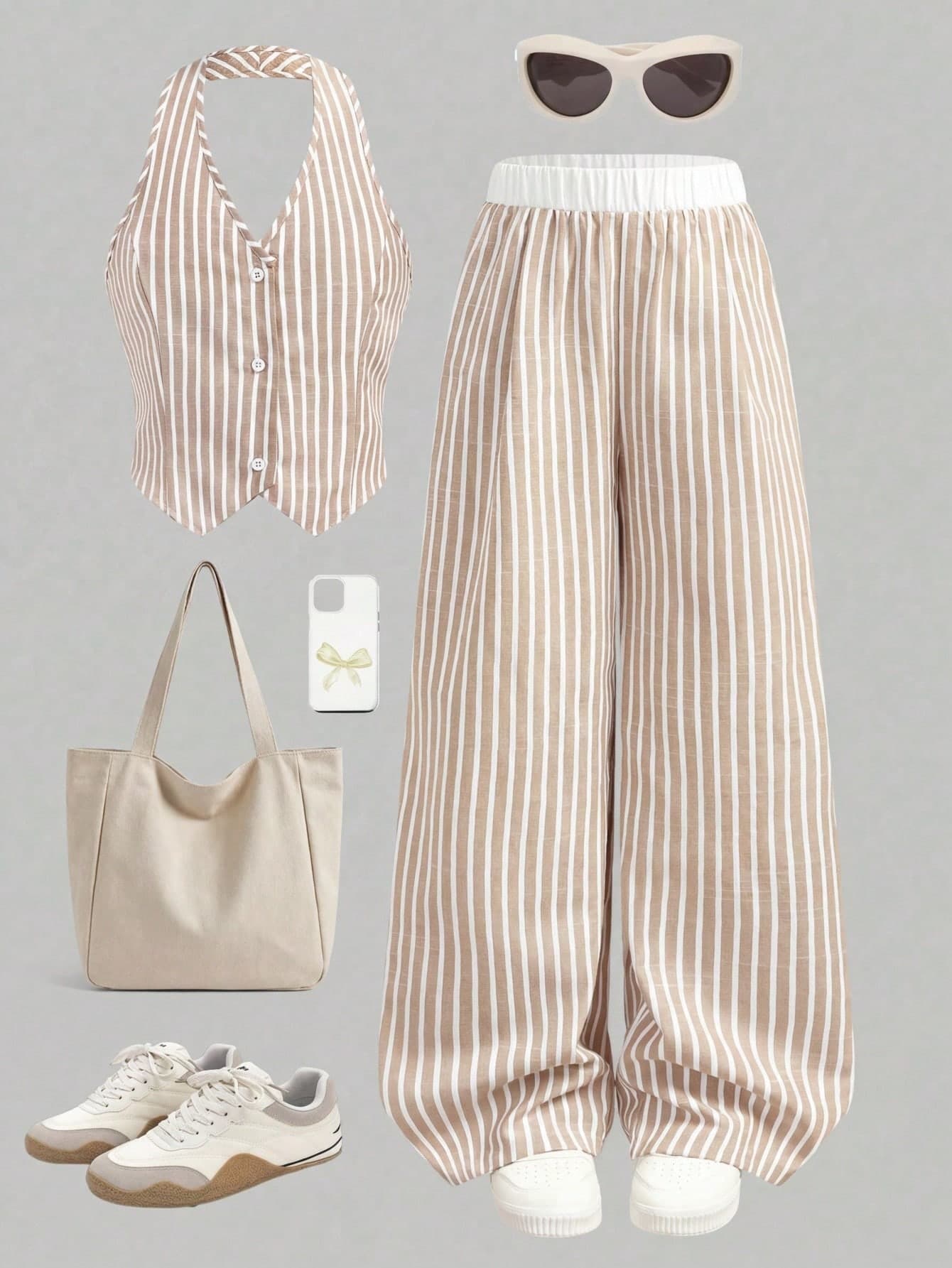 Girlism Kids 2pcs Tween Girls Blue And White Stripe Tank Top And Wide Leg Pants Co-Ord Set,Summer Casual Holiday Vacation Halter Top And Elastic Trousers