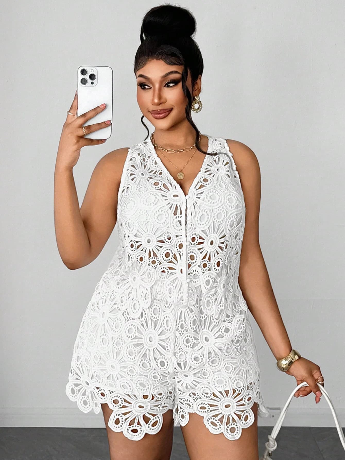 Maweii Plus Size Summer Casual Solid Color Hollow Out Tank Top And Shorts 2 Pieces Set