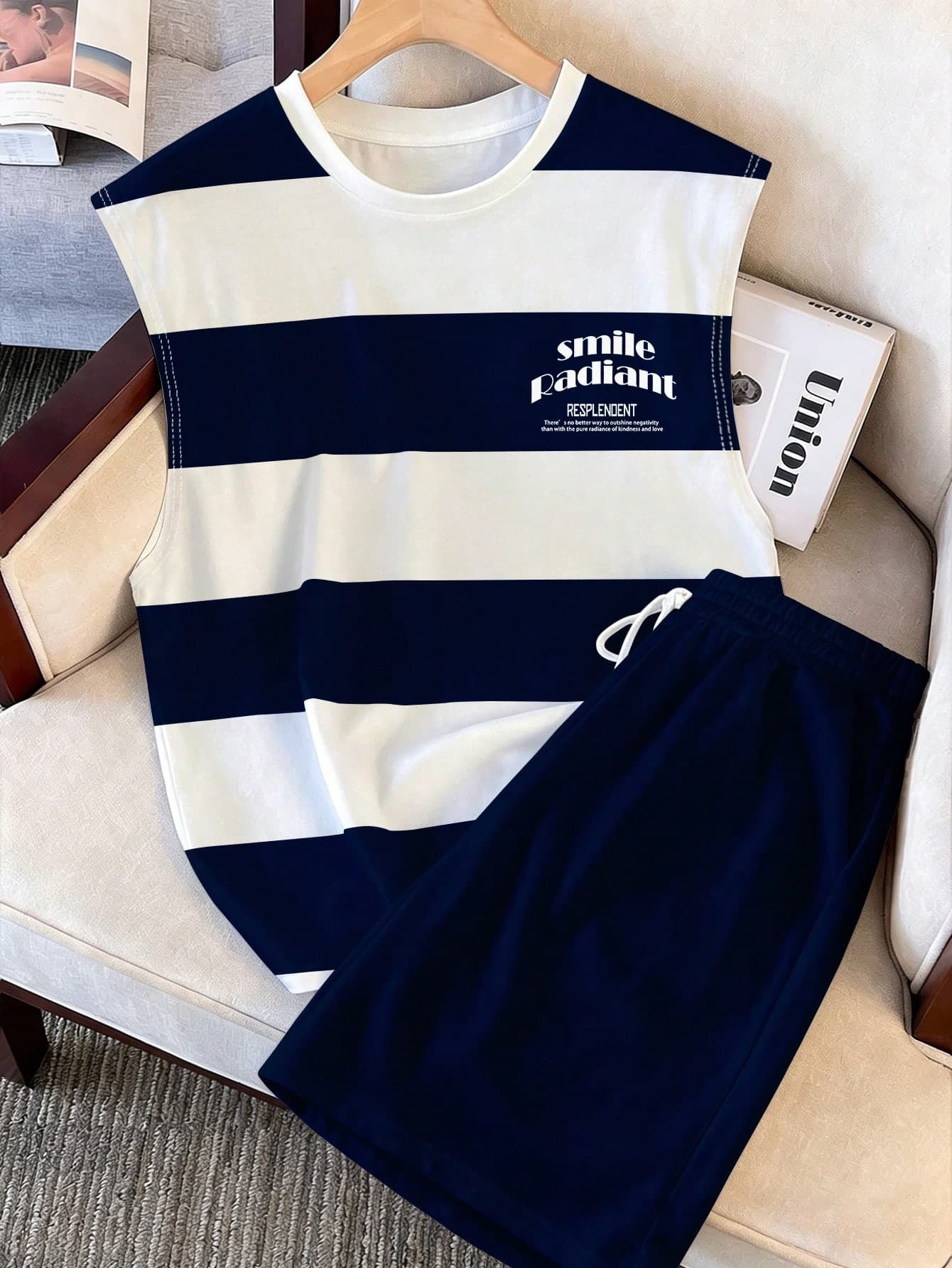 Manfinity Joysei Men's Color Block Letter Print Crew Neck Top And Shorts Casual Daily Suit, Holiday
