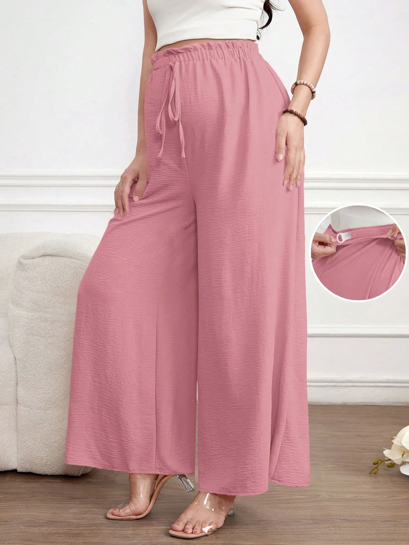 SHEIN Maternity Casual Solid Color Wide Leg Pants, Pink, Holiday, Going Home From Hospital, Spring Beach Maternity Vacation For Women, Holiday Fall