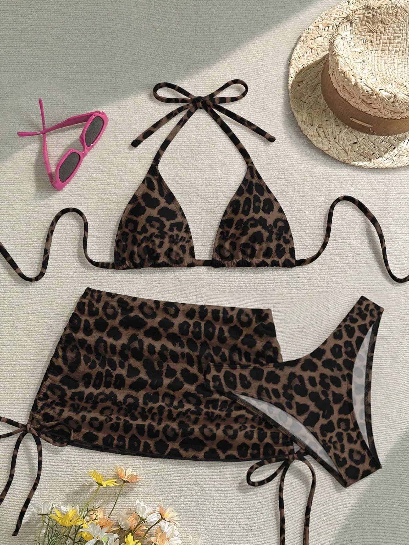 Soleia Casual Minimalist Sexy Brown Leopard Print Full Coverage Women Swimwear Set, Suitable For Spring & Summer