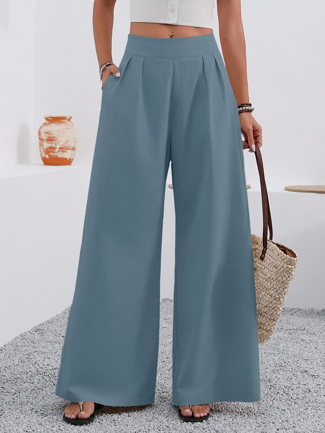 EMERY ROSE Women's Solid Color Pleated Wide Leg Loose Casual Pants