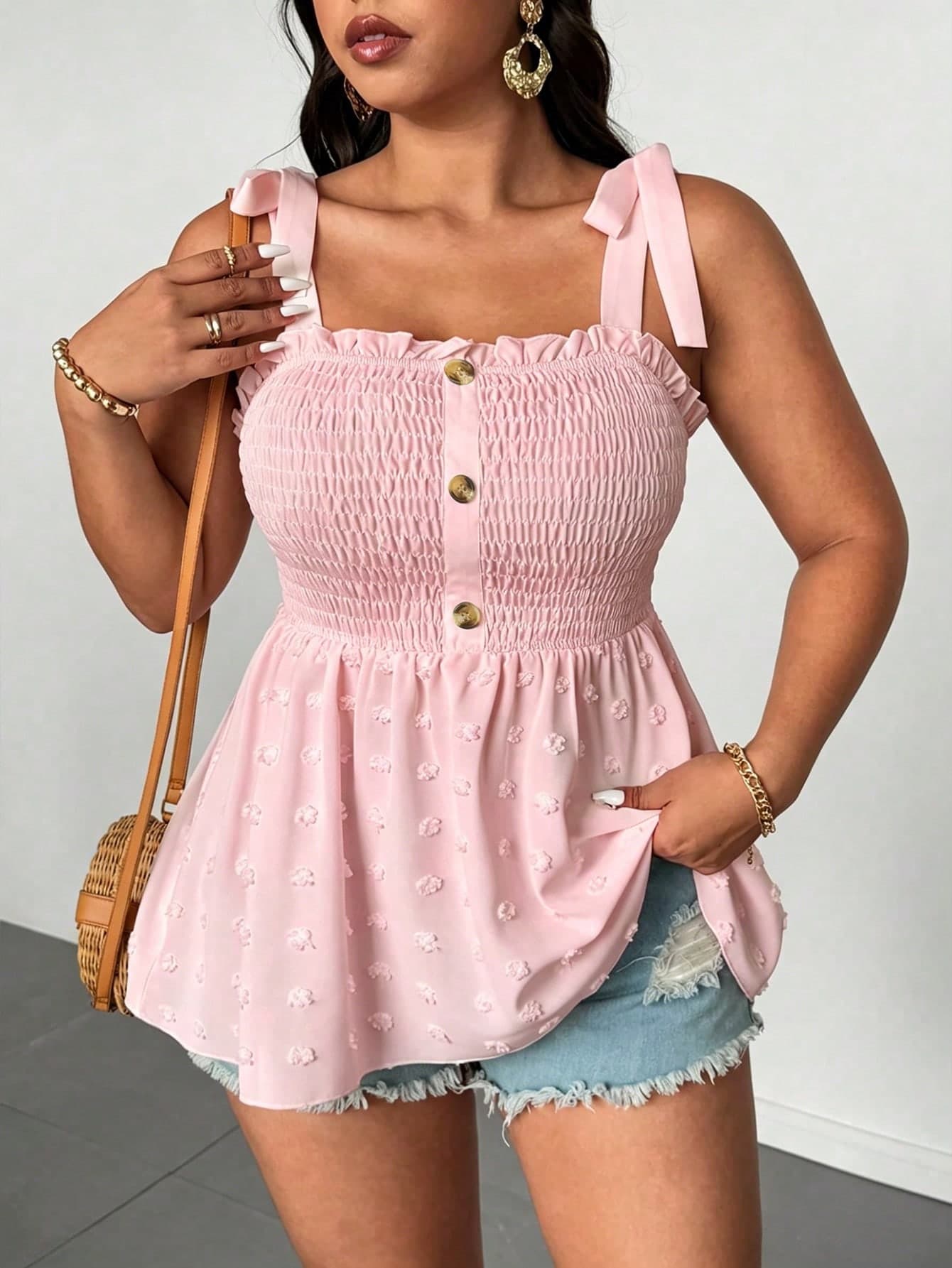 Elenzga Plus Size Women's Solid Color Front Pocket Patchwork Textured Fabric Shoulder Strap Blouse