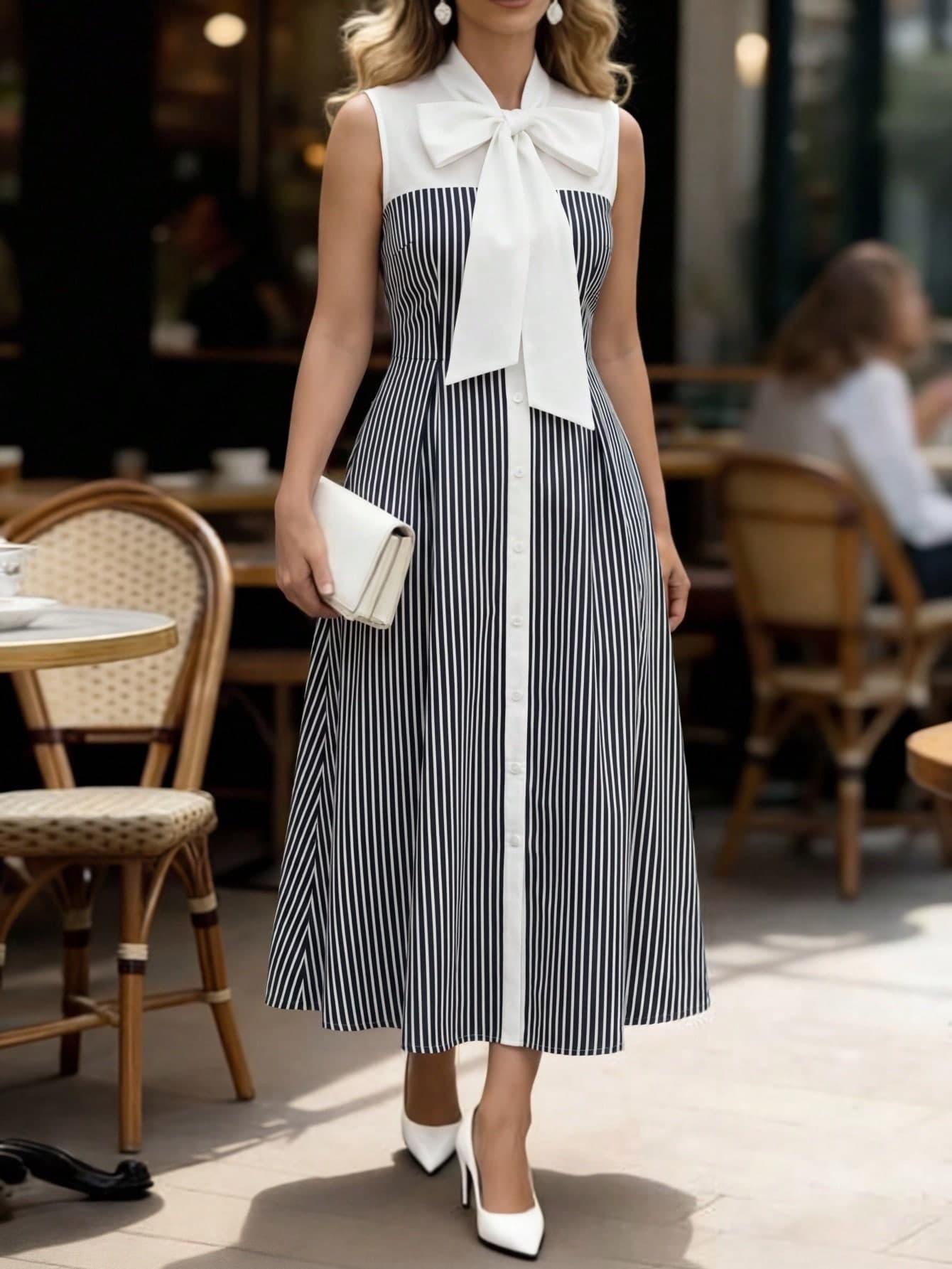 SHEIN Clasi Women's Sleeveless Bow Tie Striped Waist Cinched Dress,Black And White,Summer,Elegant,Tea Party,Formal Working Dress For Commuting,Date & Weekend