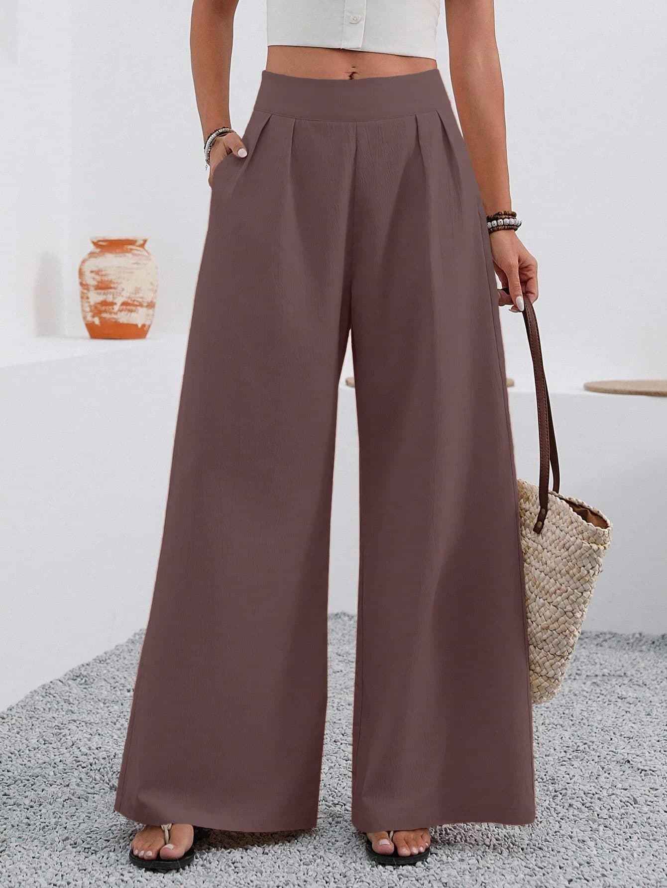EMERY ROSE Women's Casual Solid Color Pocket Wide Leg Pants Office Brown Autumn