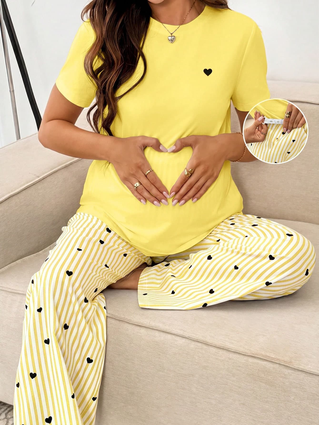 Slowluna 2pcs/Set Maternity Casual Maternity Heart Stripe Print Short Sleeve T-Shirt And Adjustable Waist Pants, Spring/Summer/Autumn Photoshoot Yellow White