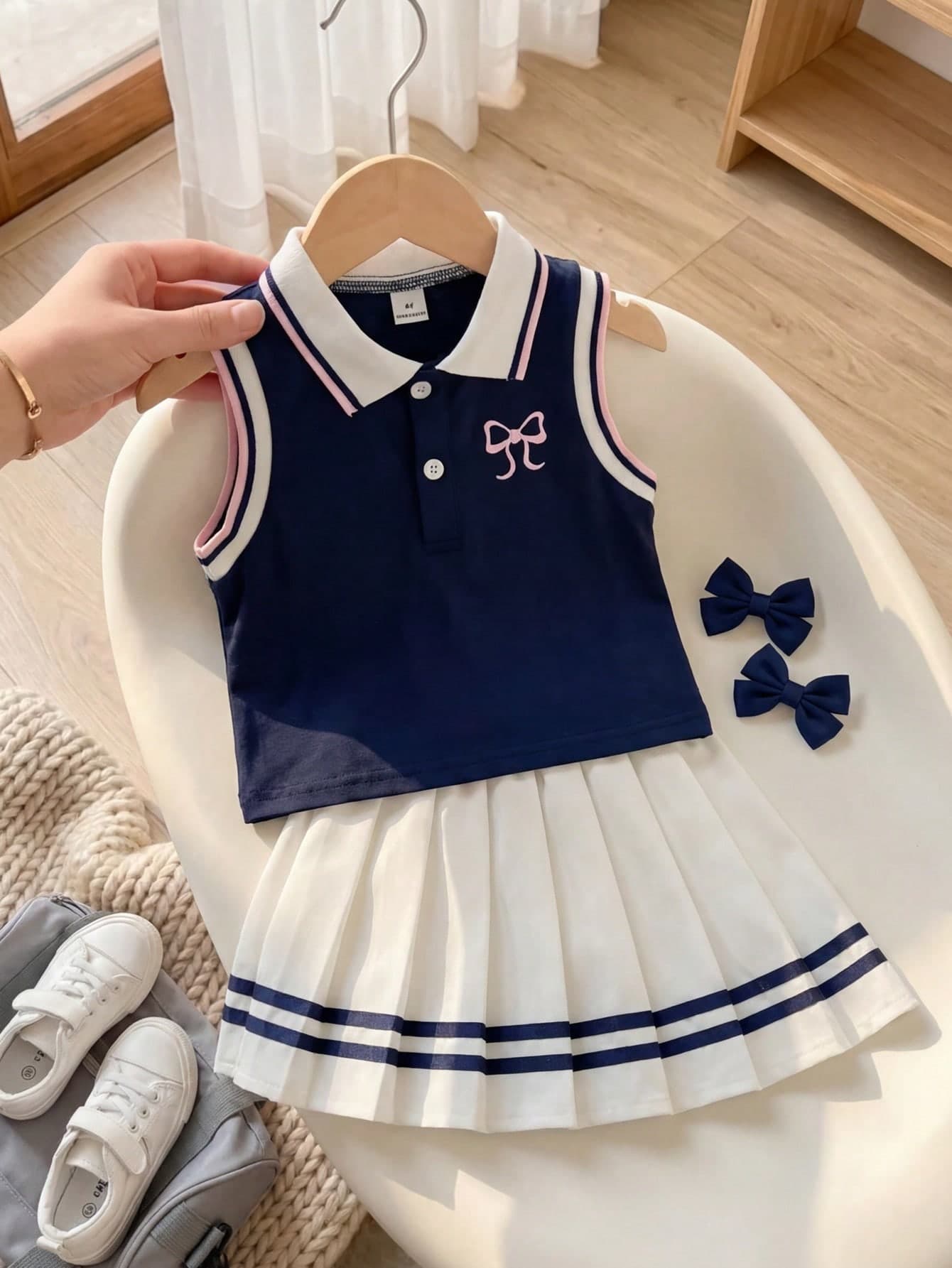 Playful Pals 2pcs Young Girls Contrast Color Bow Print Sleeveless Shirt + Elastic Waist White Pleated Skirt Set, Korean Style Casual Cute Sweet Outfit, Suitable For Daily Outing, School, Shopping, Travel, Photo Shooting, Park, Etc.