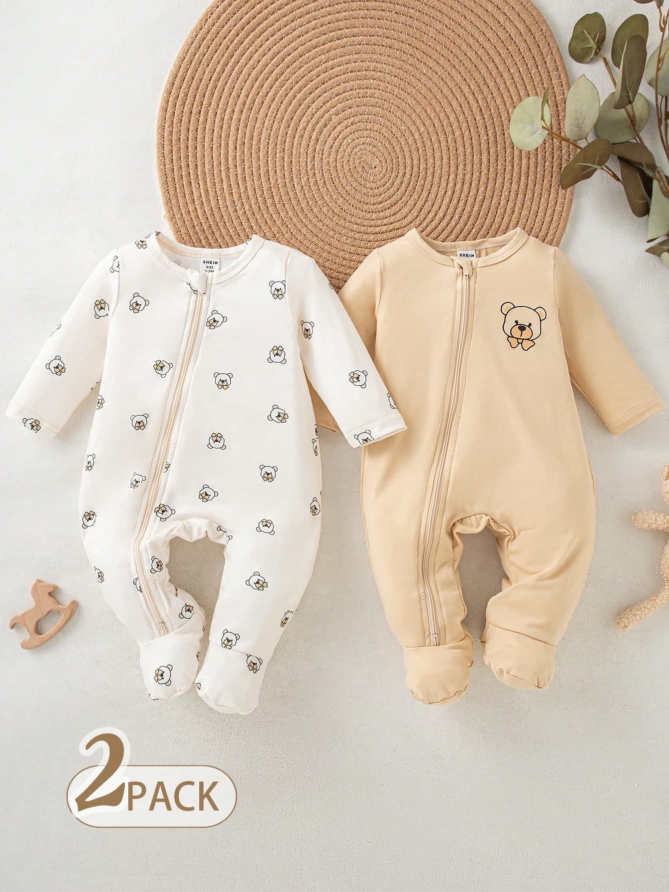 SHEIN 2pcs Baby Boys White & Gray Cute Elephant Print Long Sleeve Romper, Comfortable For Outings In Autumn/Winter, Versatile