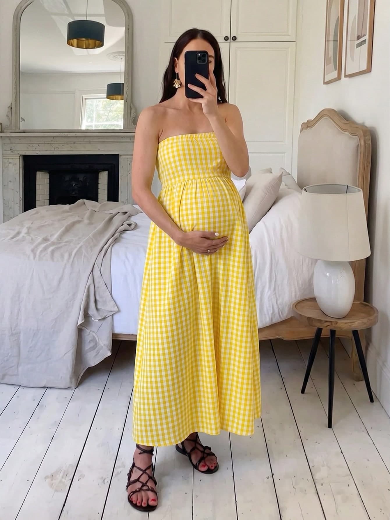 SHEIN Maternity Casual Plaid Strapless Dress