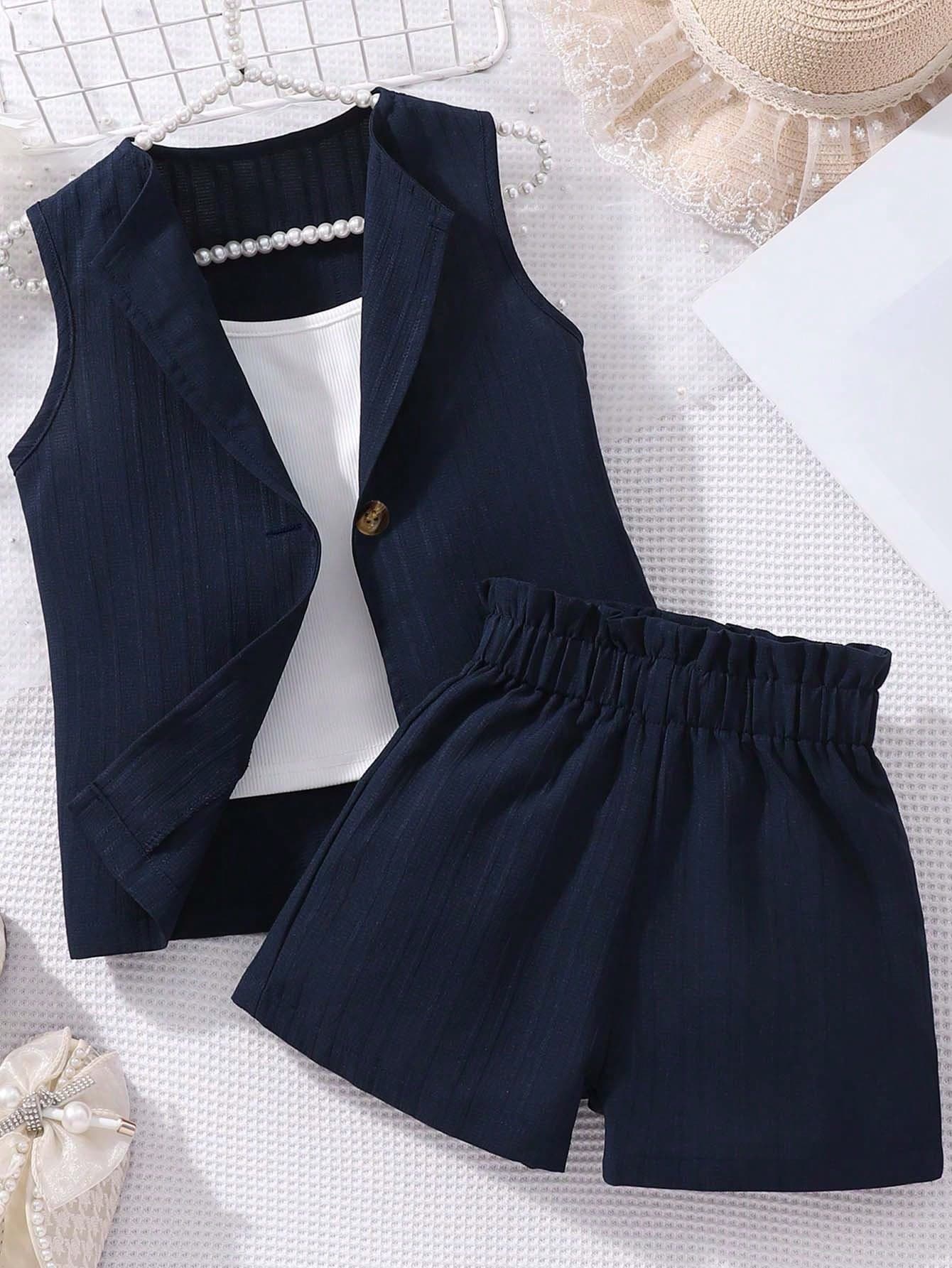 Genkimix Kids 2pcs/Set Toddler Girls'Striped Sleeveless Jacket And Shorts Outfit,Summer Family Matching Back-To-School Blazer Suits For Kids Formal Daily Wear