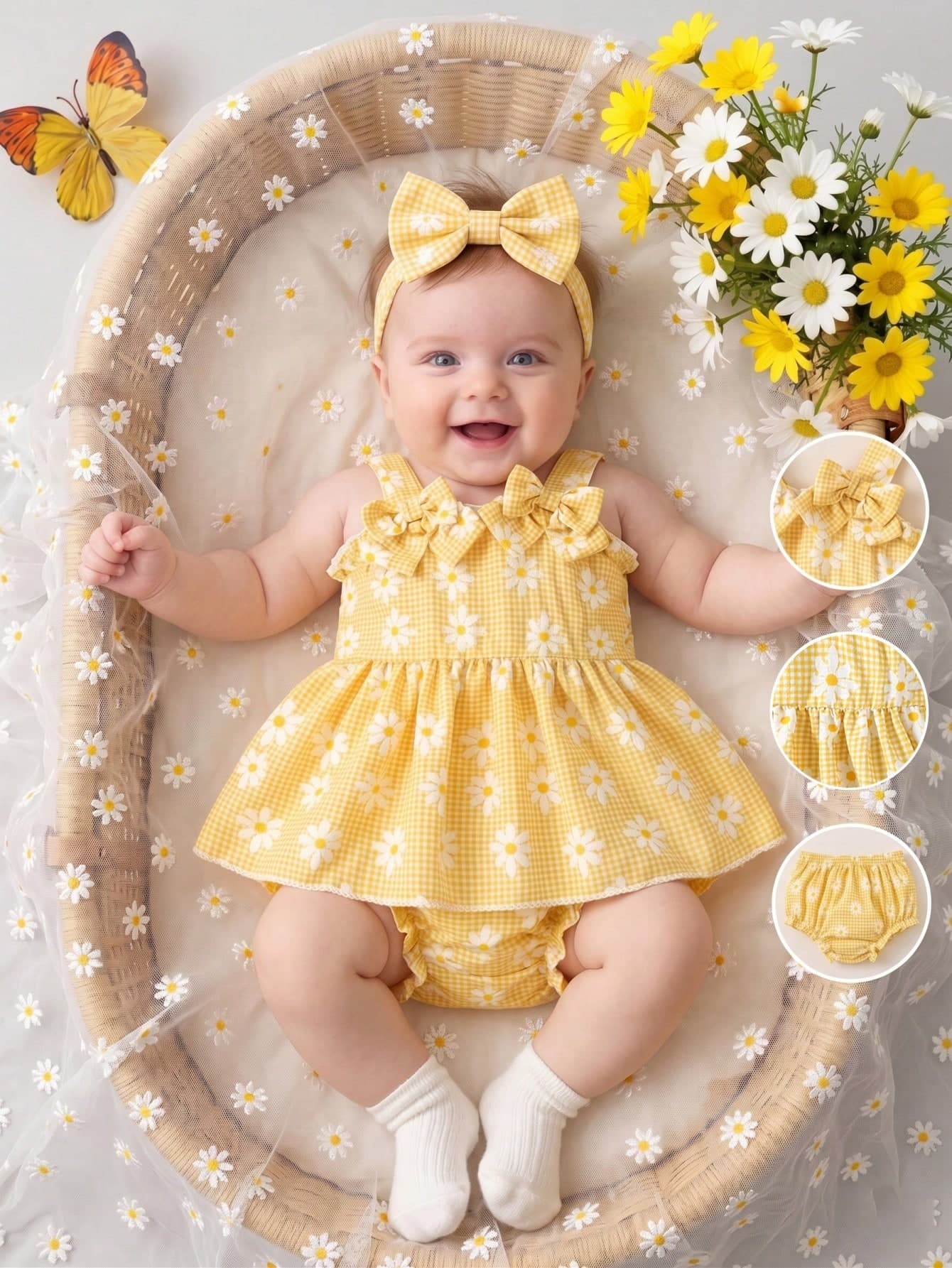 SHEIN Newborn Girl Strawberry Embroidered Strap Top With Triangle Shorts 2 Pieces Set Pastel Yellow Summer Cute New Born Photoshoot Grid Bow New Style
