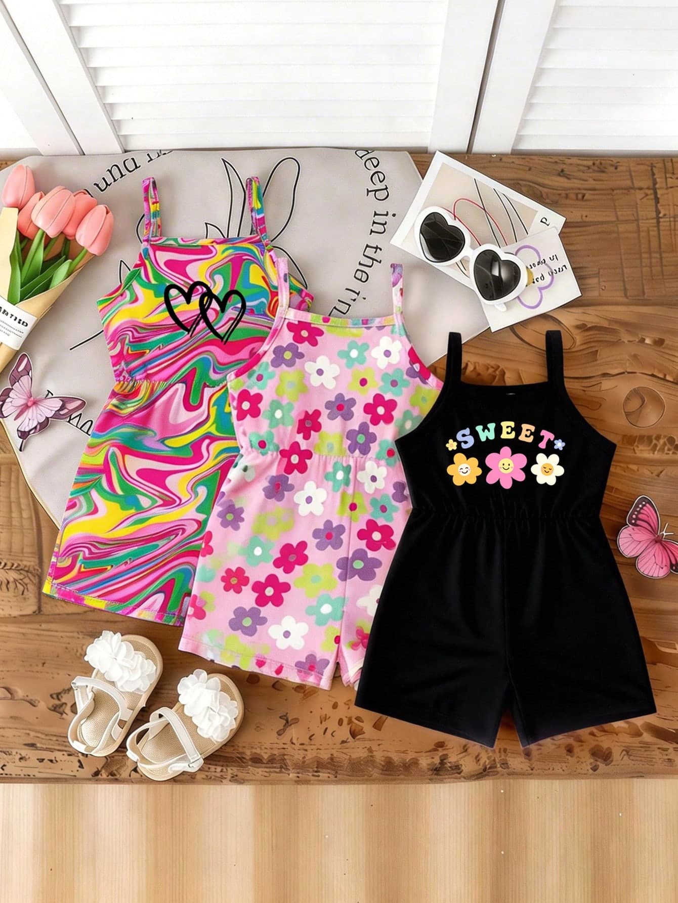 3pcs/Set Girls Toddler Summer 2026 Soft Fabric Floral Print Solid Color Romper, Minimalist Cute Versatile Fashionable Vacation Style Jumpsuit Pink