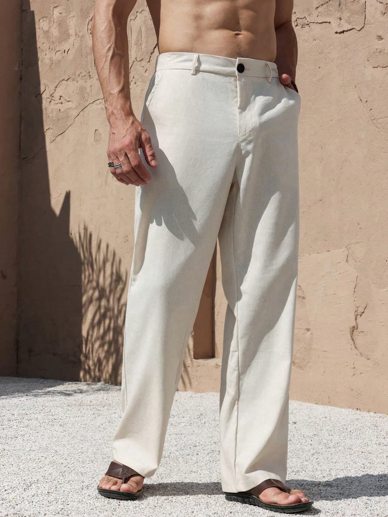 Palmeraft Nomadique Casual Linen Straight-Leg Pants For Men, Fashion Versatile Trousers, White Clothing Wide Leg Dress Fall, Holiday