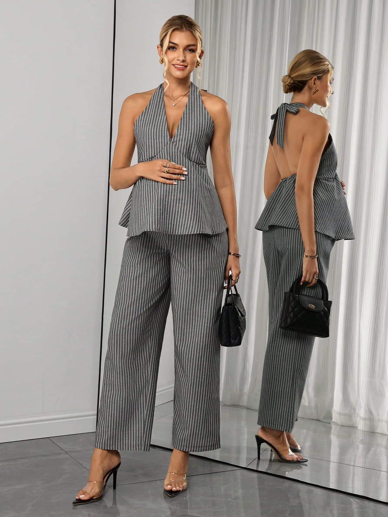 Momance 2pcs Maternity Halter Tie Back Bow A-Line Shirred Top And Straight Leg Striped Pants Set Photoshoot Summer