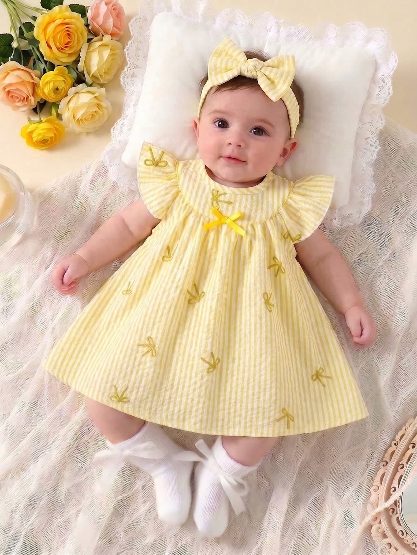 SHEIN Baby Girl's Cute White Yellow Striped Bow Print Dress Round-Neck Sleeveless LooseFitting Soft Fabric