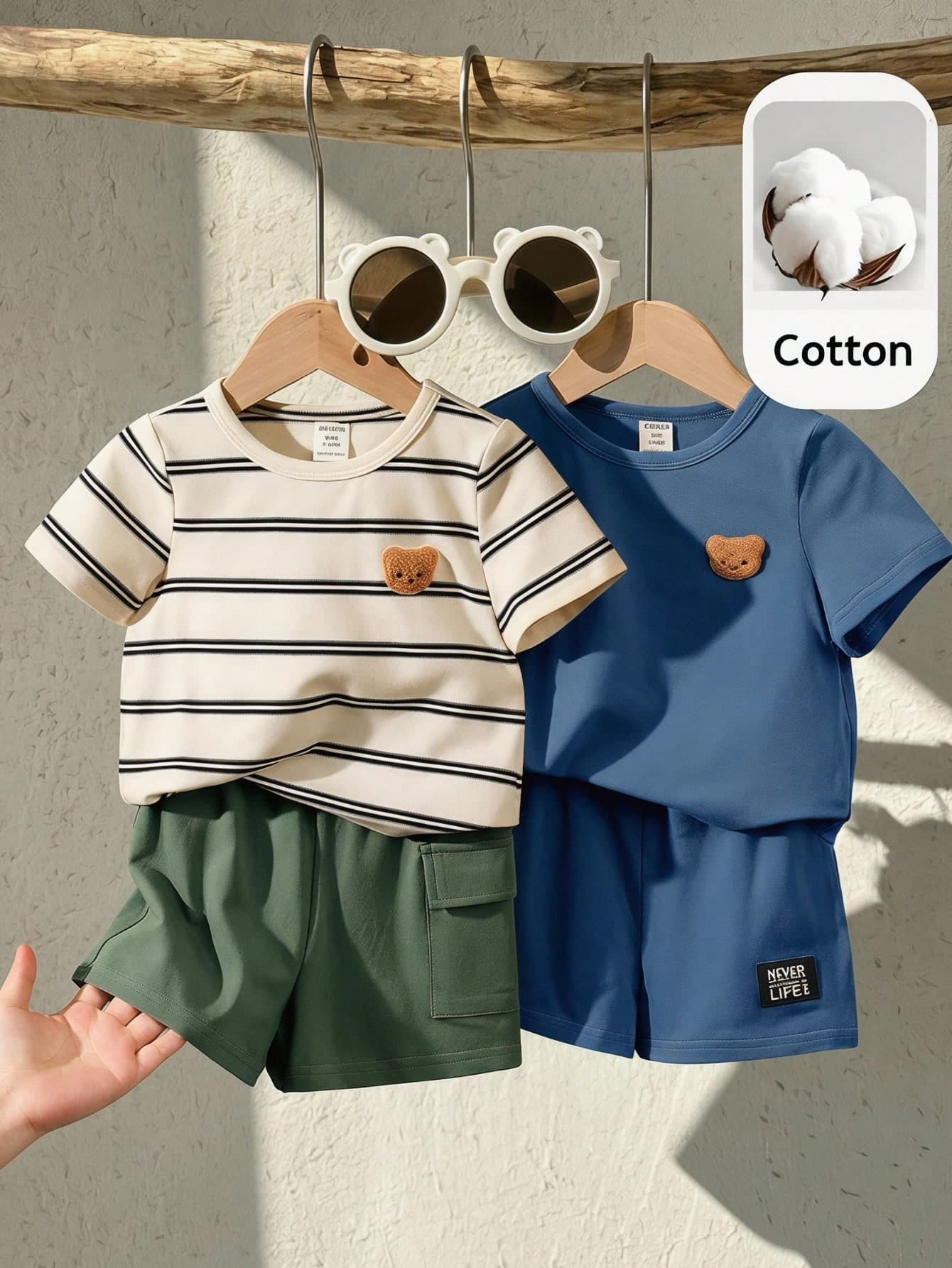 LMoss Kids 4pcs/Set Baby Boy Summer Korean Style Casual Cute Cute Cartoon Pattern Striped Short Sleeve T-Shirt Elastic Waist Cargo Shorts Outfit Holiday Beige