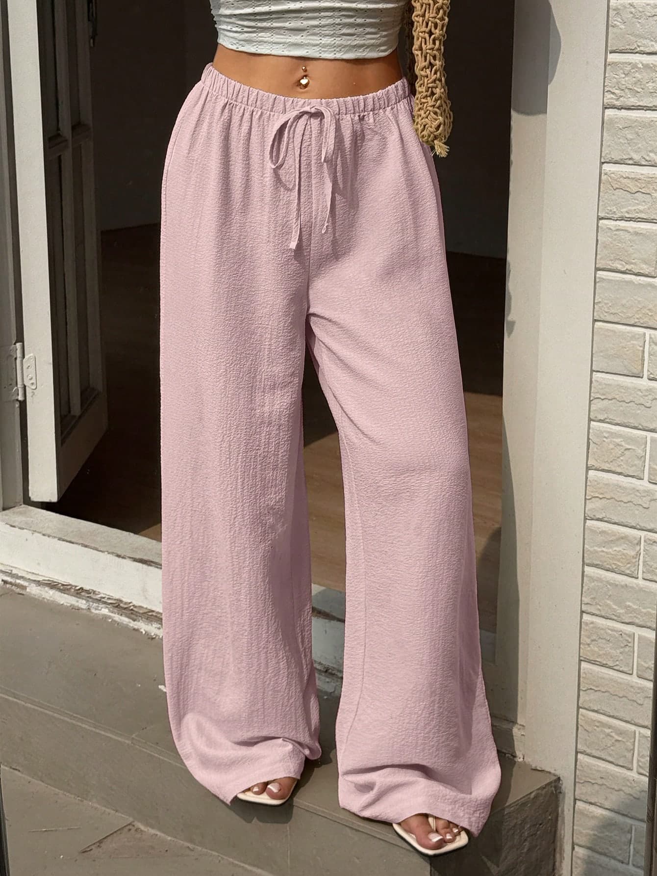 Sunnyshic Women's Casual Vacation Travel Tie-Up Straight Leg Pants, Yellow, Versatile, Slimming, Textured Woven, Spring/Summer