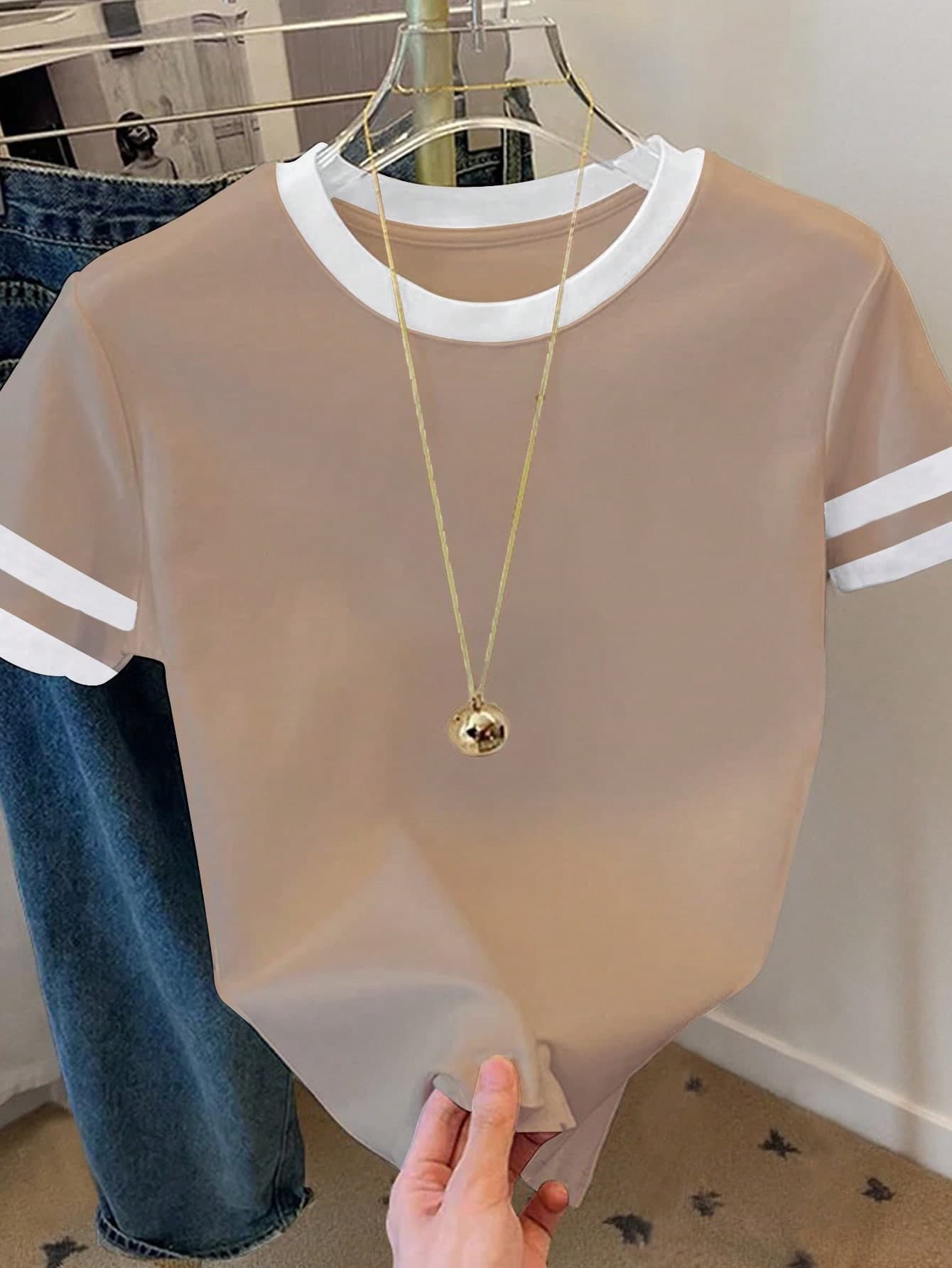 Resyla Women's Casual Color Block Round Neck Short Sleeve T-Shirt, Summer