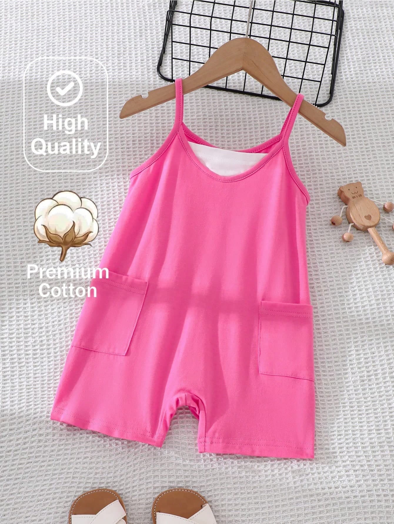 SHEIN Elladie kids Young Girl' Shiny Cerise Pink Spaghetti Strap Romper,Summer Family Matching Kids Knit Bodysuits With Pockets,Soft Jump Suit,Vestidos Elegantes