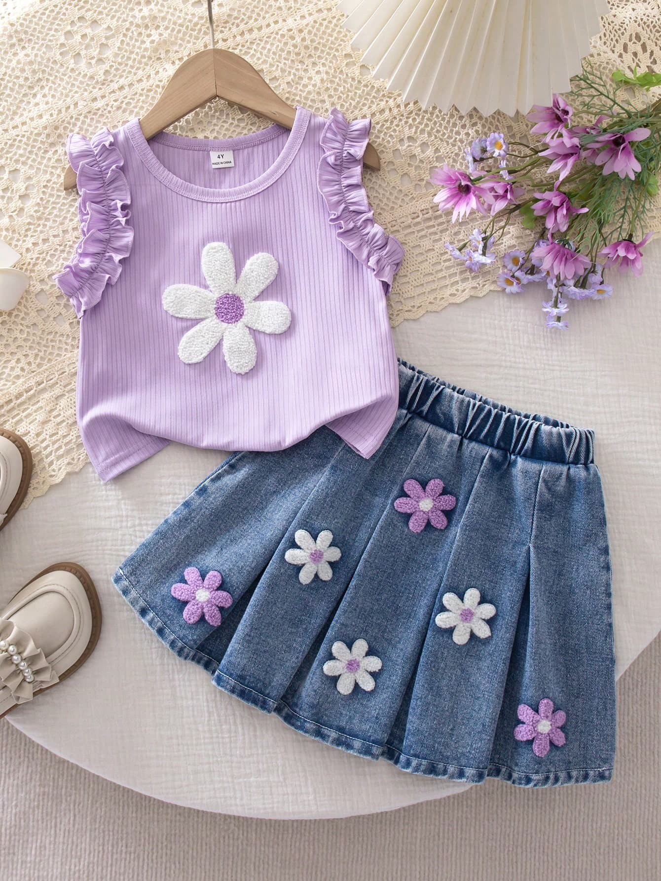 Genkimix Kids 2pcs/Set Young Girls Cute Round Neck Knitted Floral Embroidered Sleeveless Top And Denim Pleated Embroidered Denim Skirt, Sweet And Lovely Summer Outfit
