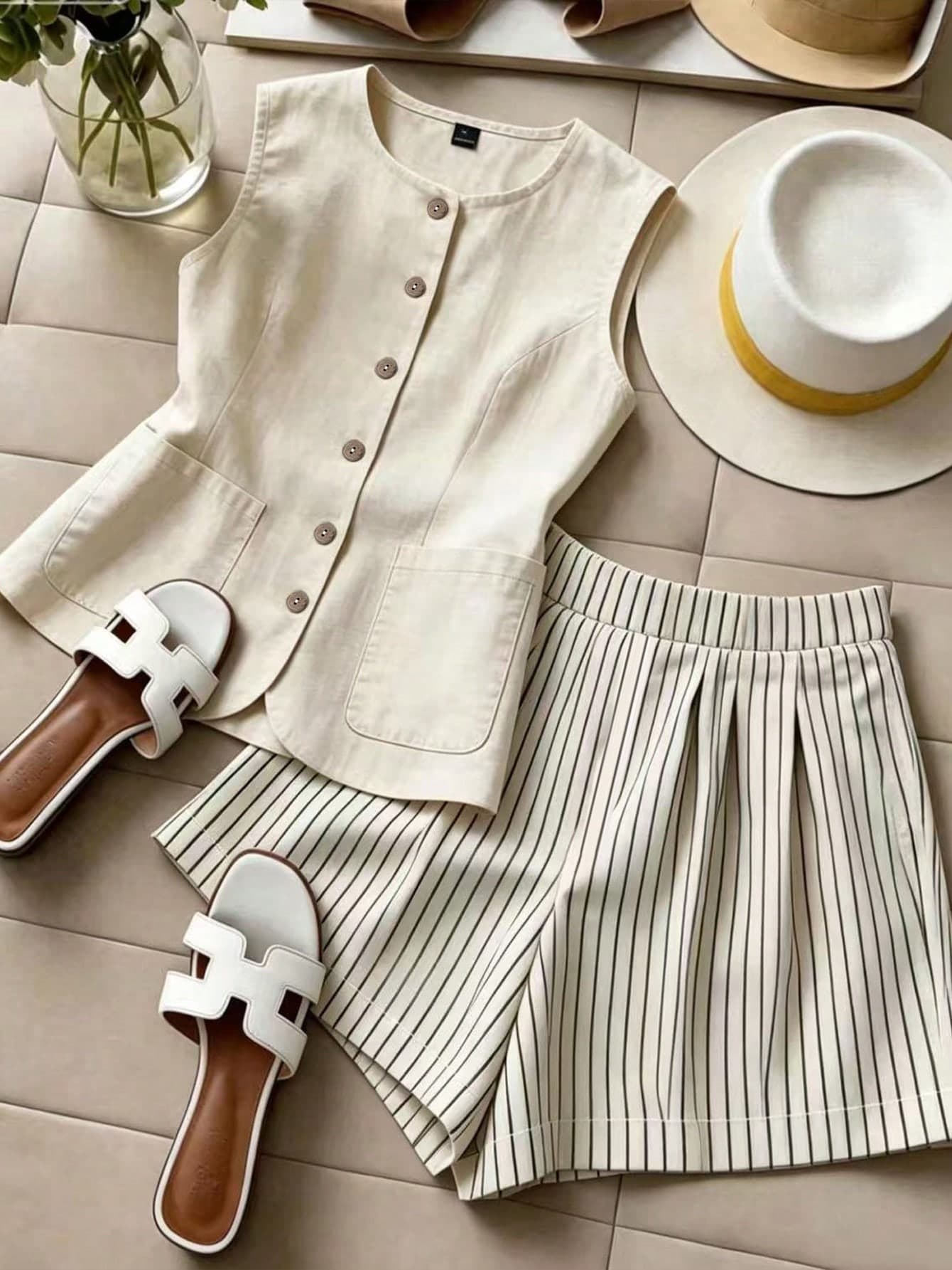 GlowEve Laoqianfeng's New Summer Outfit, Women's Woven Printed Tank Top And Striped Shorts Set, Ideal For Beach And Casual Wear.