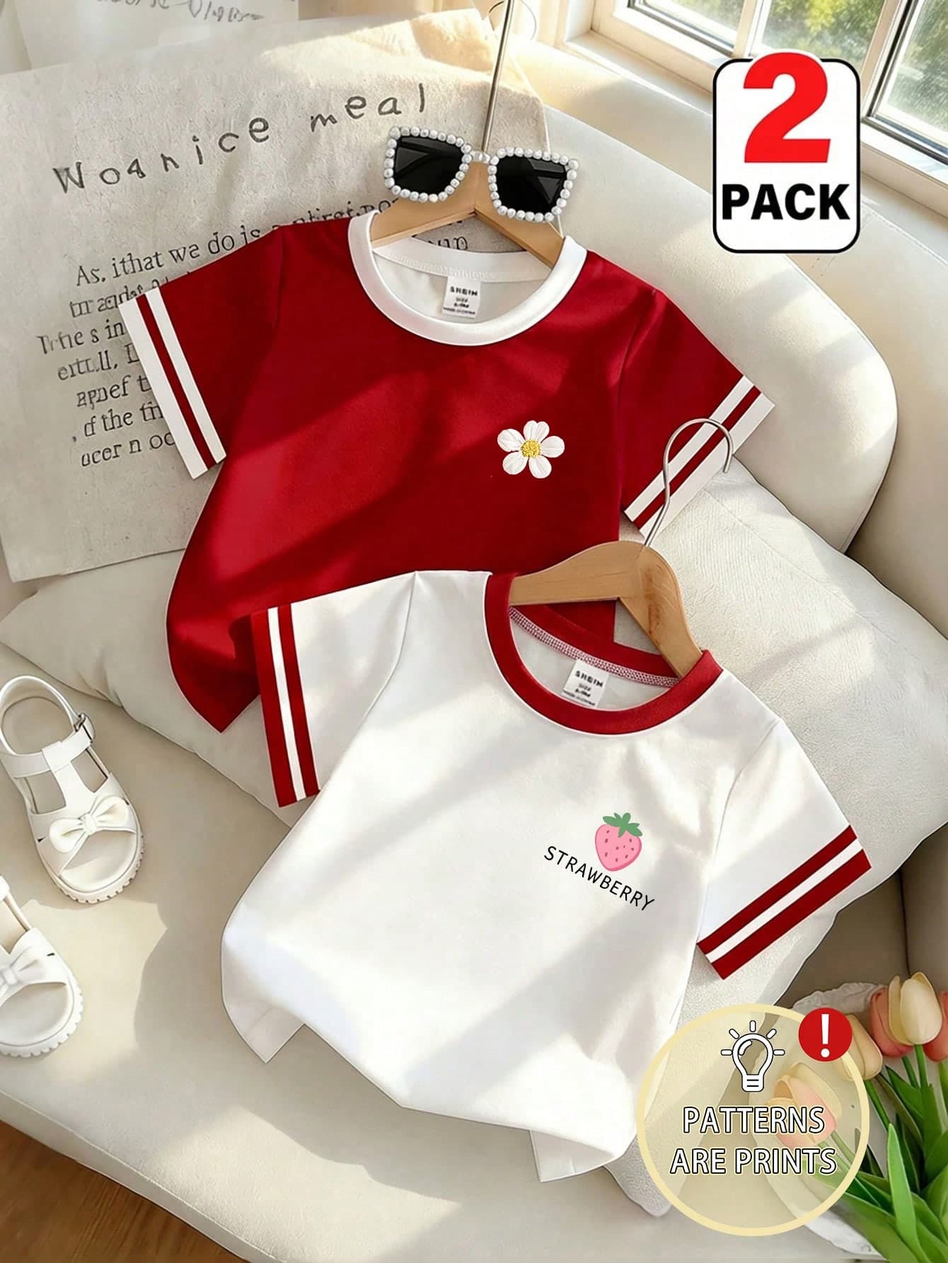 SHEIN Playful Pals 2pcs/Set Girls' T-Shirts,Red Floral Print & White Strawberry Print Tee,Summer Career Day Style,Comfortable Fashion Streetwear For Girls 4Y-7Y