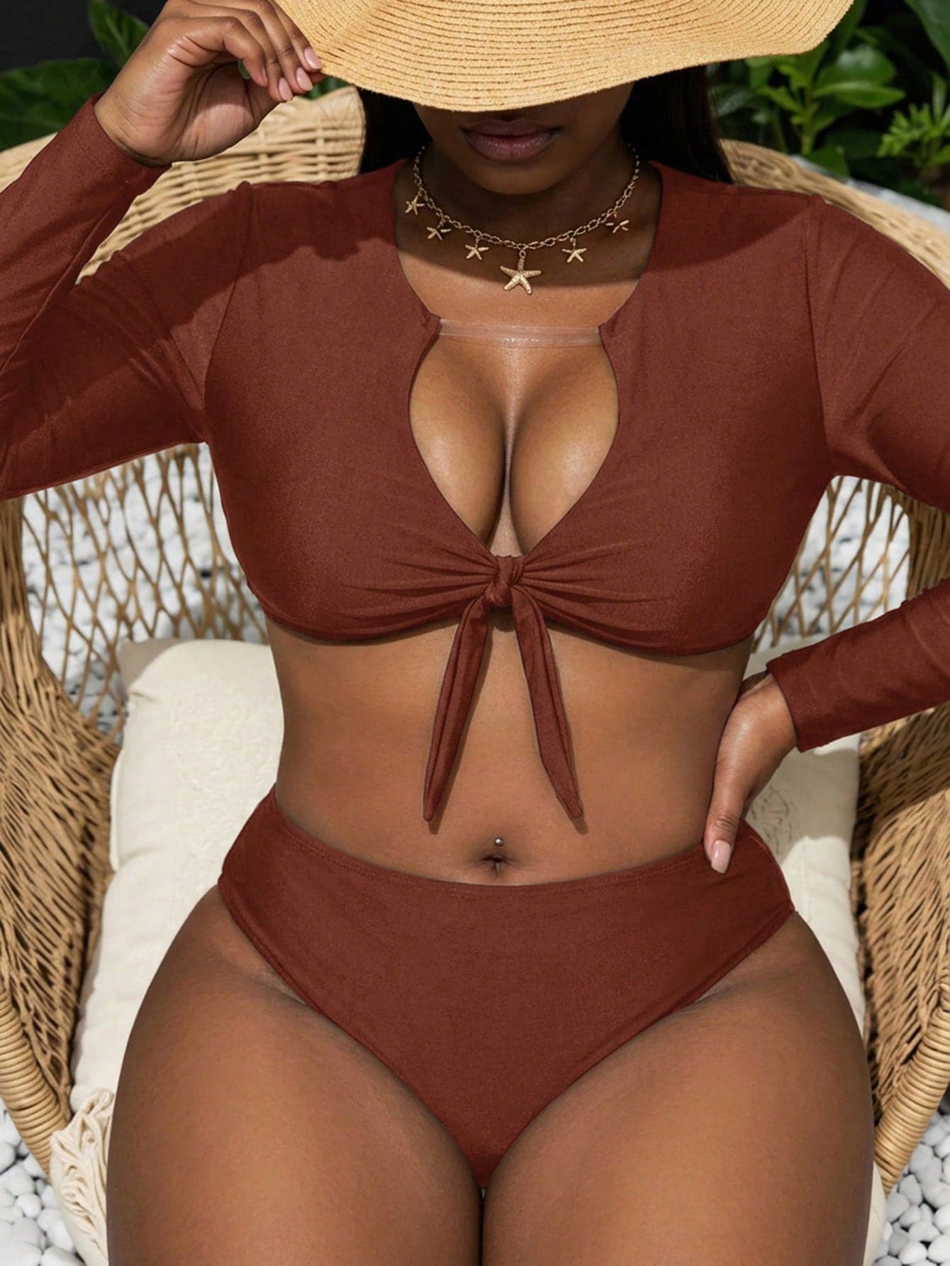 Slaysola Plus Size Women Long Sleeve Ruched Tie-Front Tankini Swimwear Set
