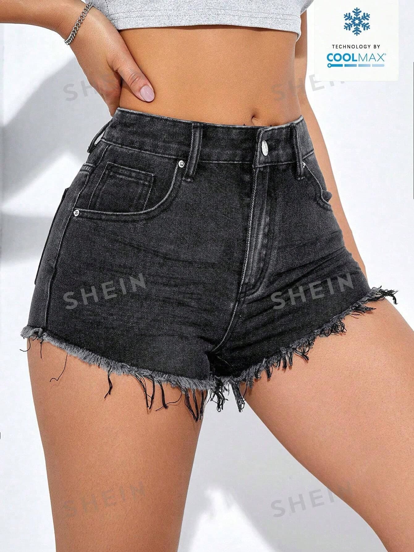SHEIN EZwear Women's Casual Denim Shorts With Pockets And Frayed Hem, Versatile For Daily Wear