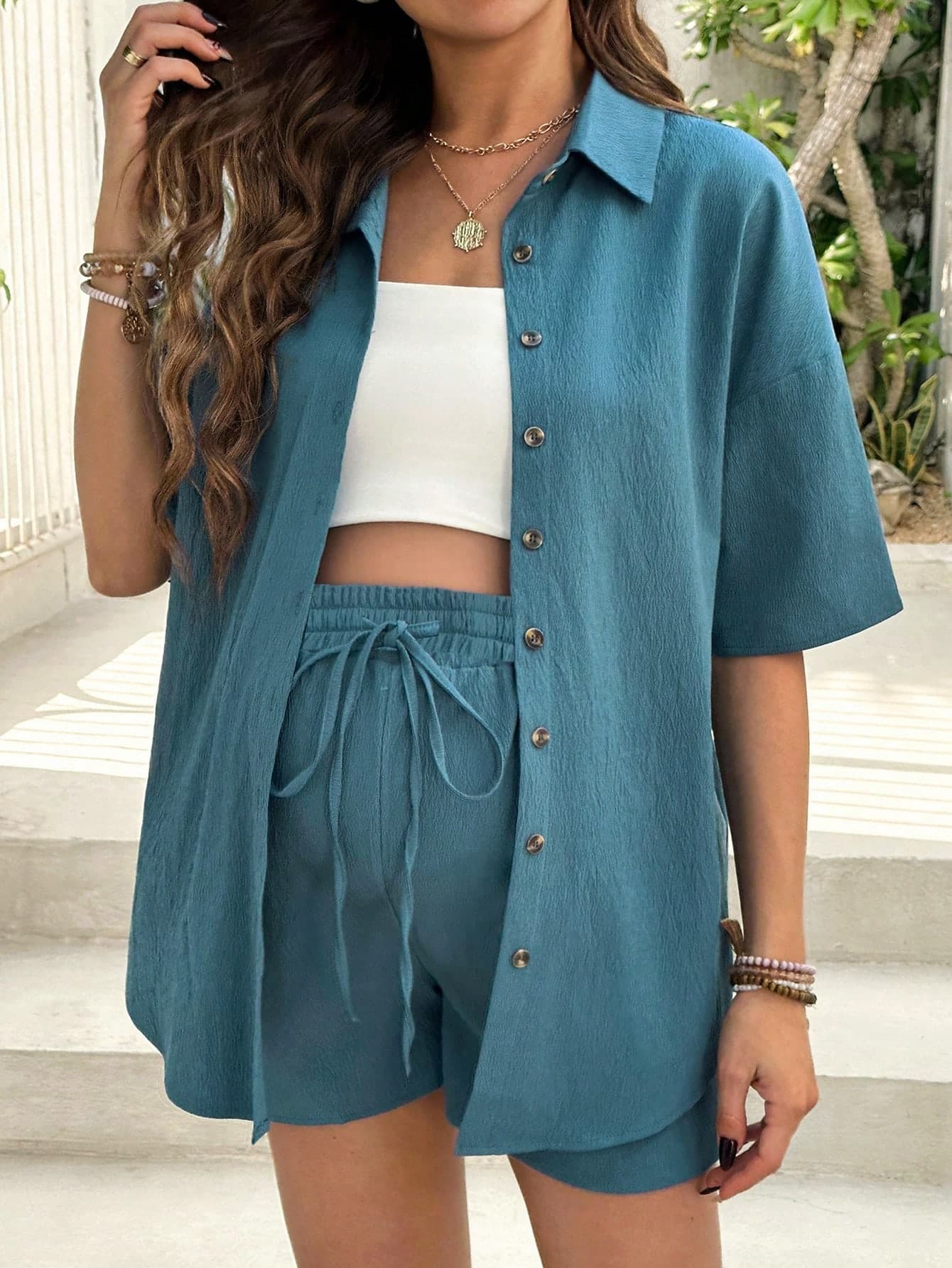 SHEIN 2pcs Women Fashion Casual Wrinkle Collar Short Sleeve Shirt And Drawstring Waist Shorts Set