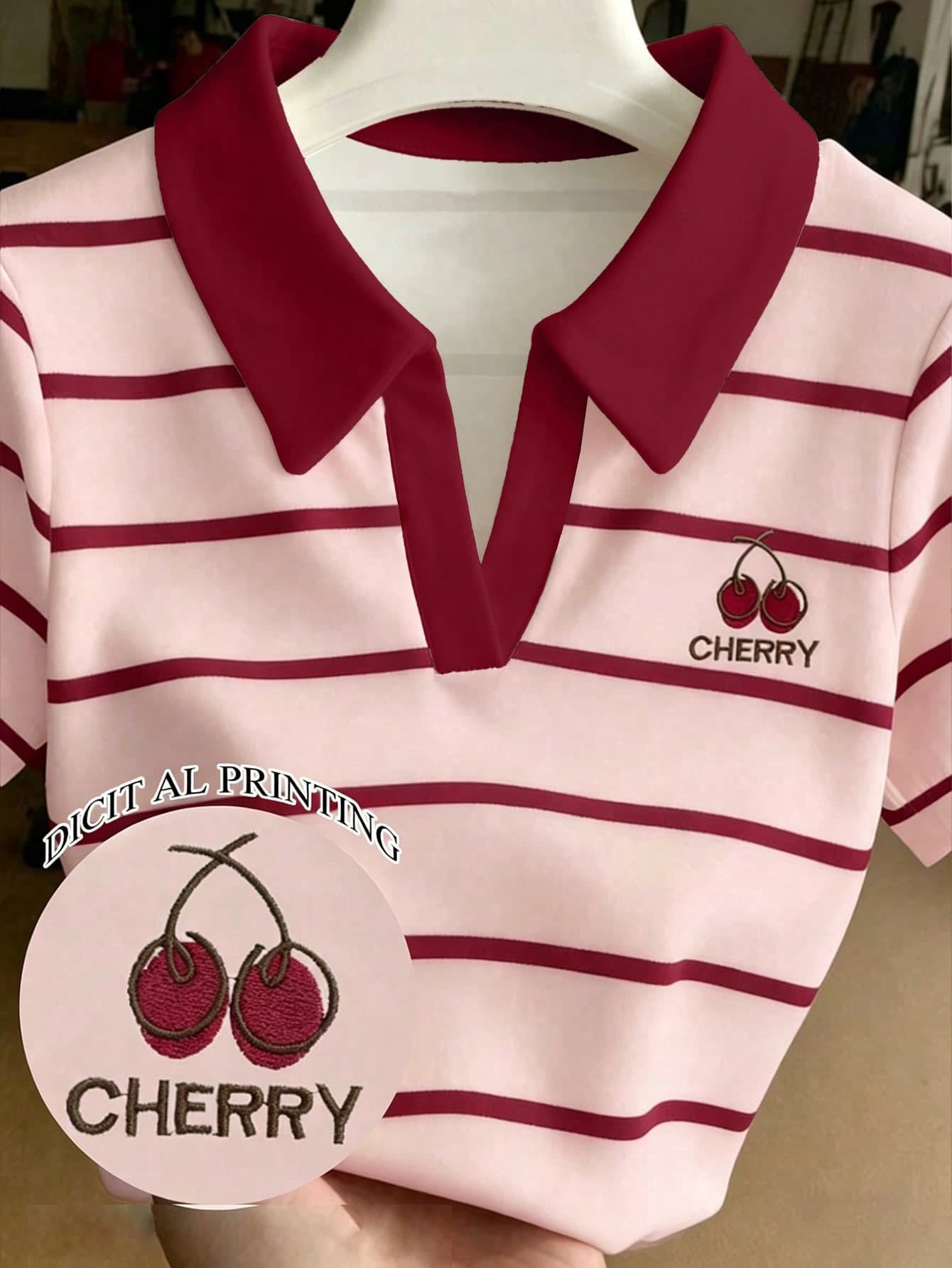 Teen Girl Pink Allover Cherry Print Polo Shirt,Contrast Striped Polo Collar Short Sleeve Slim Fit Top,Y2k Retro Sweet Summer Holiday Back-To-School
