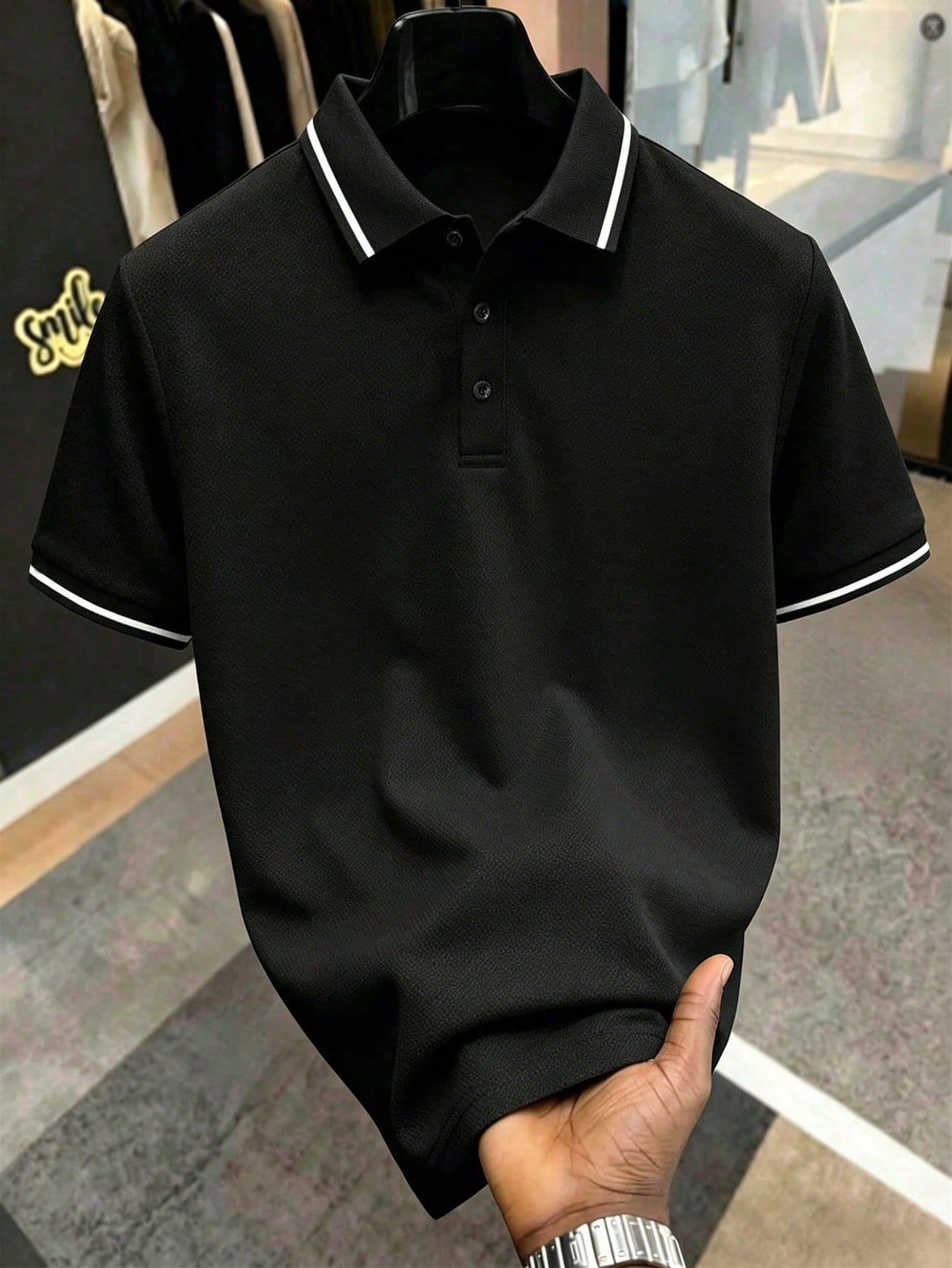 Calvornis Men Single Striped Trim Polo Shirt, Formal, Ceremony