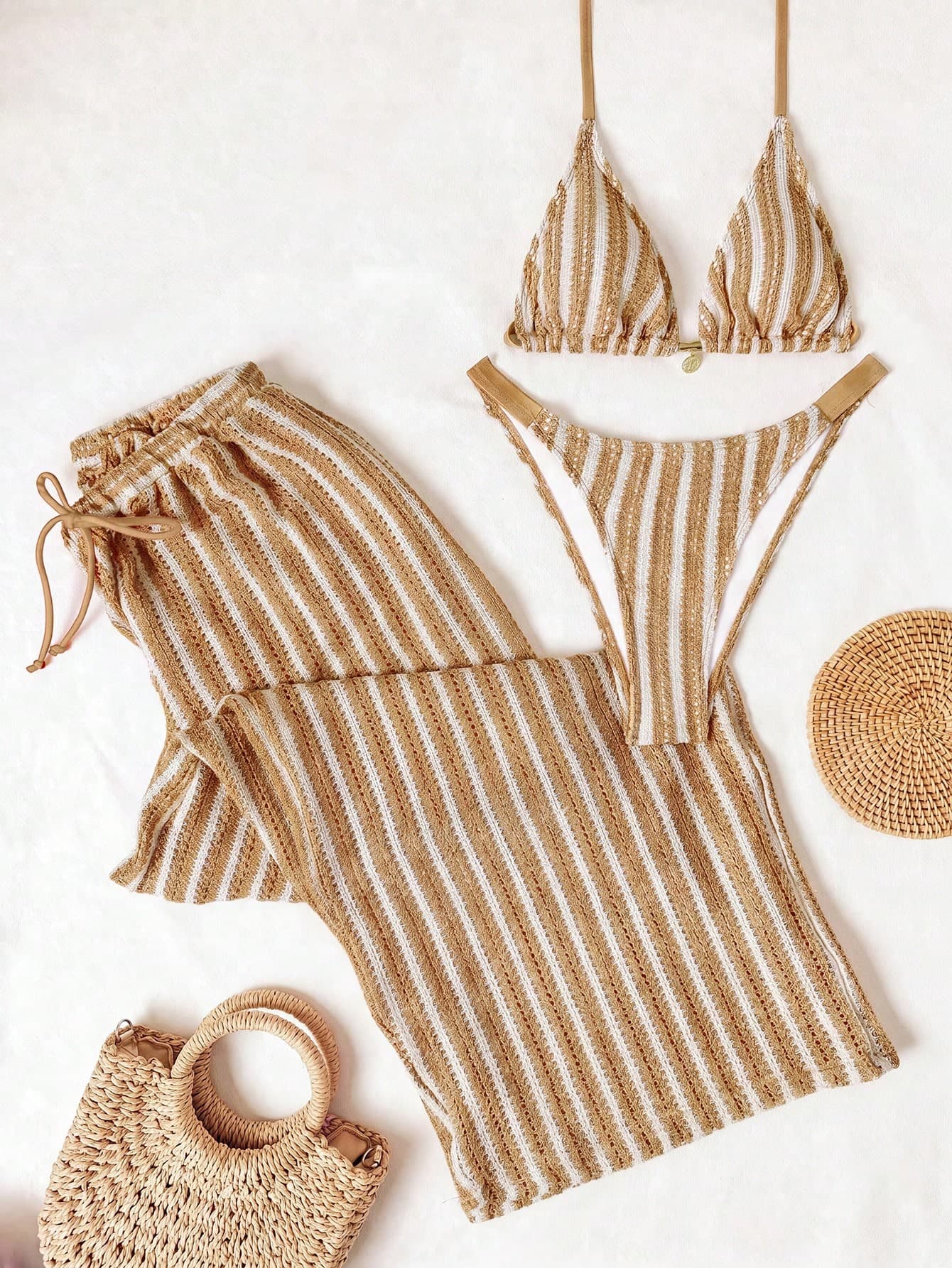 Swim Vcay Plus Size Women 3pcs Set Striped Print Gold Accessories Triangle Bikini Top With Adjustable Strap And Bottoms, Matching With Pants Set