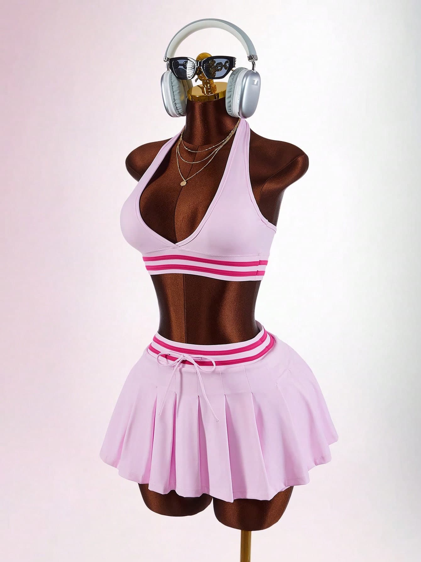 Amplova Women's Sports Set, Halter Neck Bra, Pleated Skirt, Double Pockets, Mesh Fabric, Yoga, Outdoor, Casual Street Style, Versatile For Spring & Summer Sexy Going Out Workout Pink Mini Short Exercise, Fitness, Running Summer Autumn Gym Daily Wear