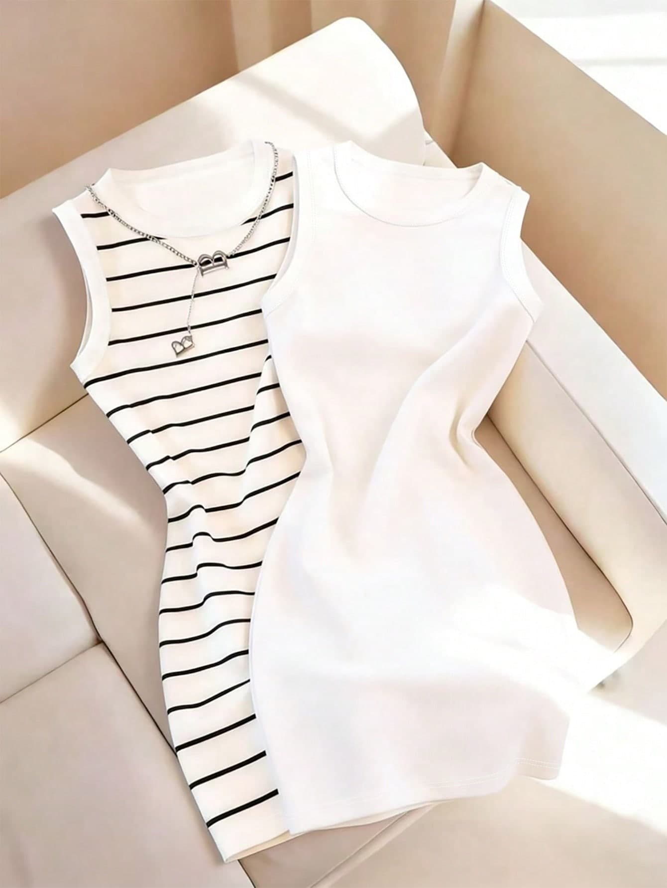 GlowEve Two Pieces Combination Dress Featuring Daily Commuting Stripes And Pure White Round-Neck Sleeveless Slimming