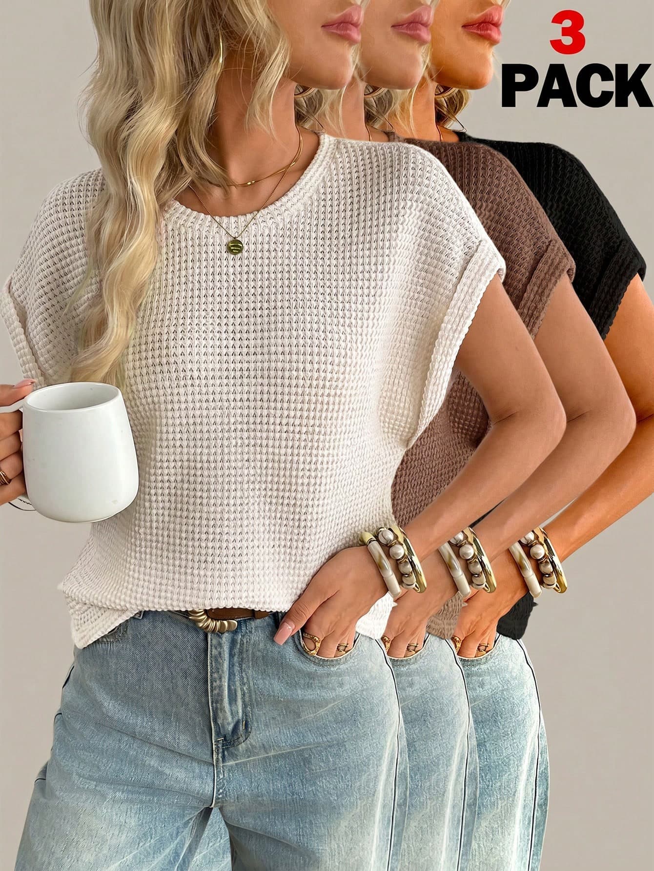 SHEIN LUNE 3pc Women's Casual Casual Casual Textured 3 Pieces, Suitable For Summer Vacation, Commute And Daily Wear, Short Sleeve T-Shirt Vacation Holiday Tops For Women, Top Home White And Brown