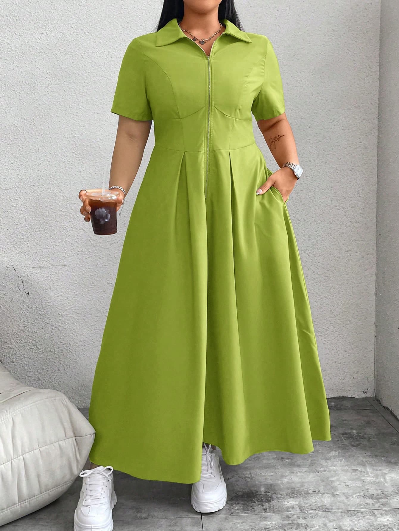 Flirla Plus Size Women's Solid Color Minimalist Daily Short Sleeve Zipper Dress Maxi Women Outfit