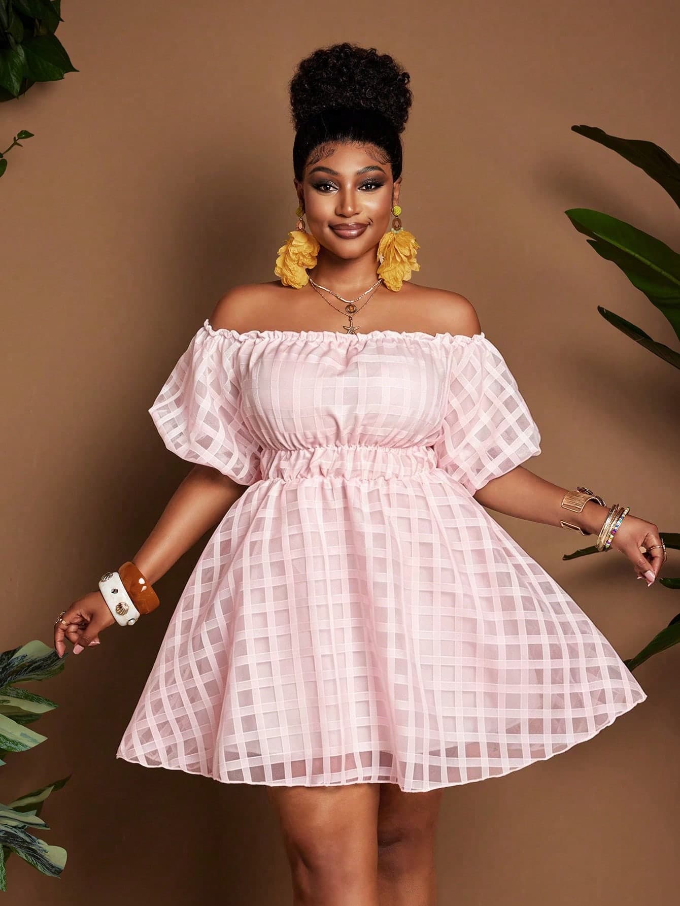 Maweii Plus Size Women's Vacation Elegant Party Strapless Bandeau Short Sleeve Short Puff Sleeve Pink Dress