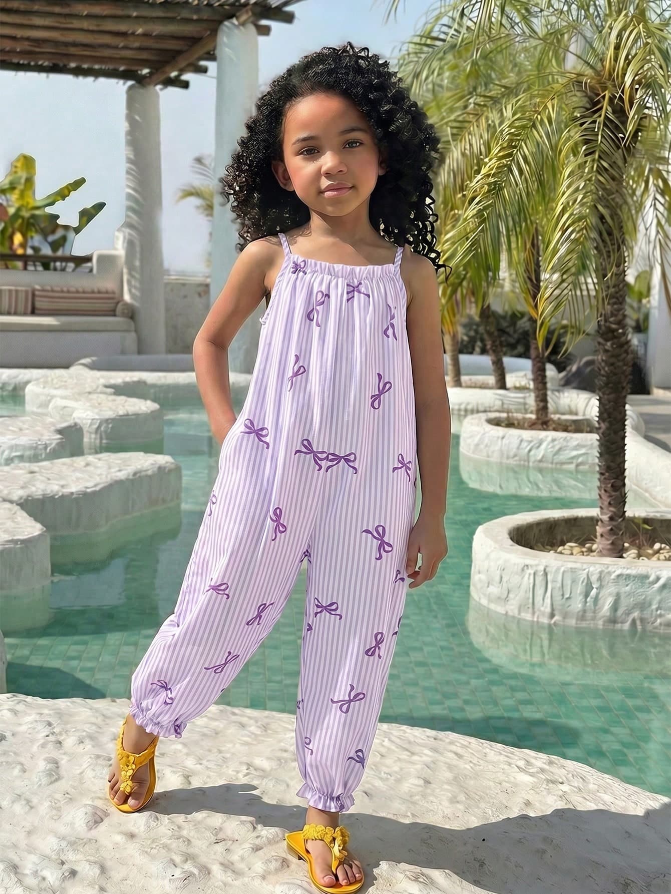 SHEIN Young Girls' Cute Pink Striped Bow Jumpsuit,Loose Fit Camisole Pants,Casual Versatile For Outing,Vacation,Beach,Matching Family/Sister Outfits