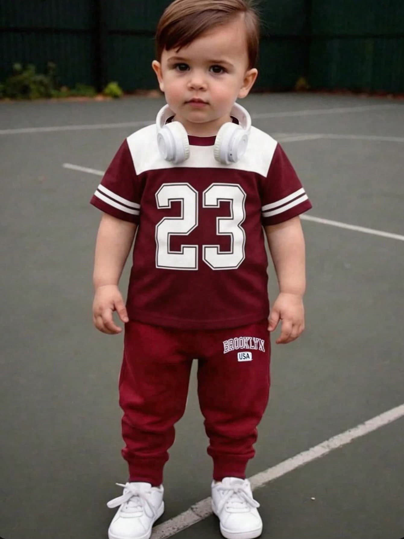 2pcs/Set Baby Boy Casual Sports Style Brooklyn 23 Colorblock Round Neck Short Sleeve T-Shirt And Pants Set, Spring To Summer