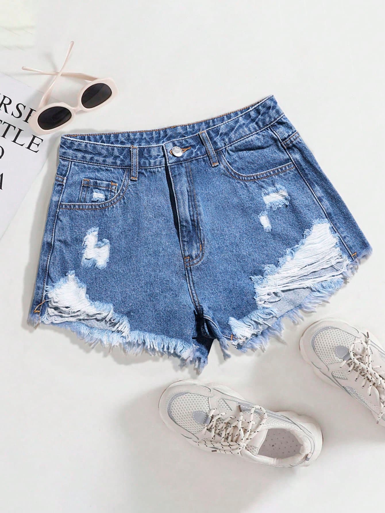 Jeanoix Women's Pocket Distressed Frayed Hem Denim Shorts Occasion Blue Summer Casual Grunge Music