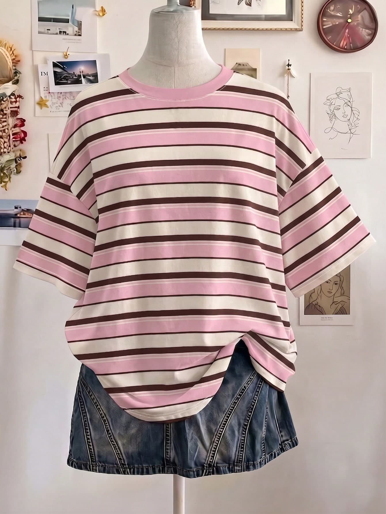 Girls' Casual Round Neck Short Sleeve Striped T-Shirt,Loose Fit Blue And White Stripe,Summer,Oversized,School,Outdoor,Party,Music Festival,Vacation