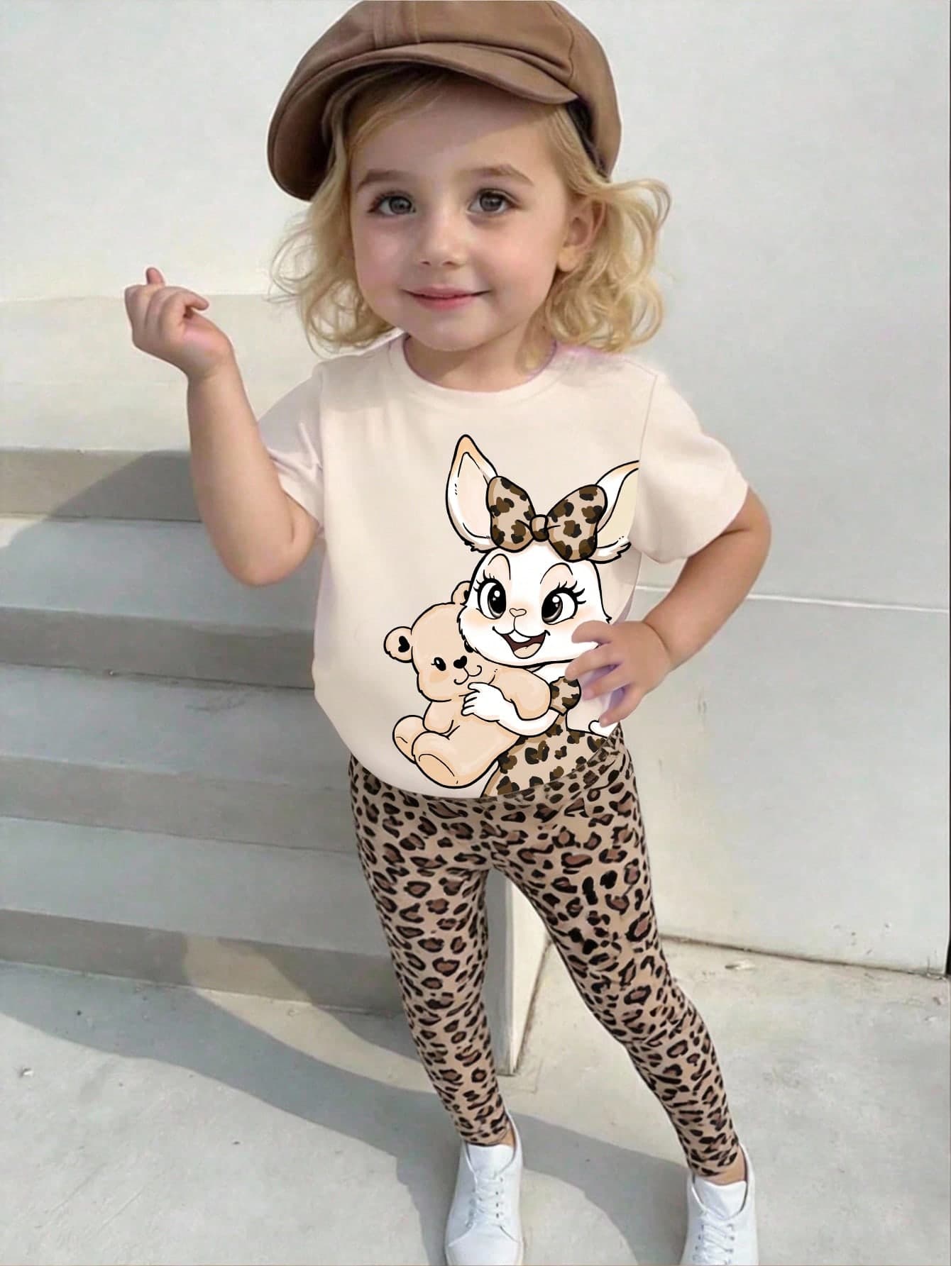 2pcs/Set Baby Girl Cute White Outfit,Fashion Minimalist Heart,Floral,Bow Print Round Neck Short Sleeve Top & Matching Leggings,Autumn Vacation Set