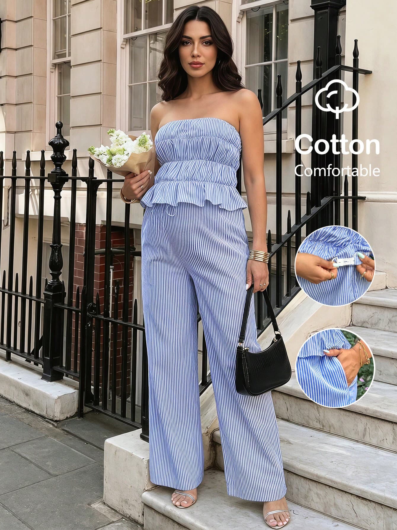 SHEIN Maternity Striped Ruched Bandeau Top And Wide Leg Pants Casual 2 Pieces Set Vacation Outfits Work Outfits