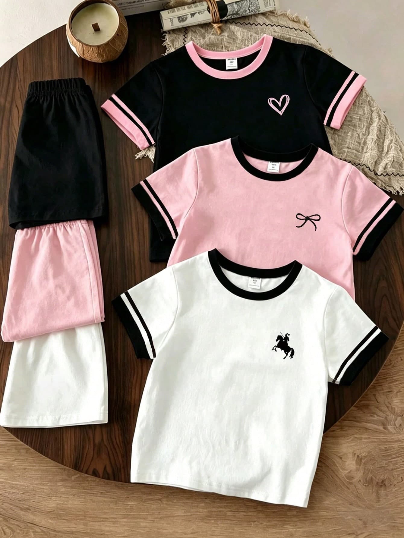 Souflis Souflis 6pcs/Set Girls Summer Back-To-School Career Day Outfits,Cute Plaid Leopard Heart Butterfly Print T-Shirt & Bike Shorts Suit,Casual Daily Sportswear