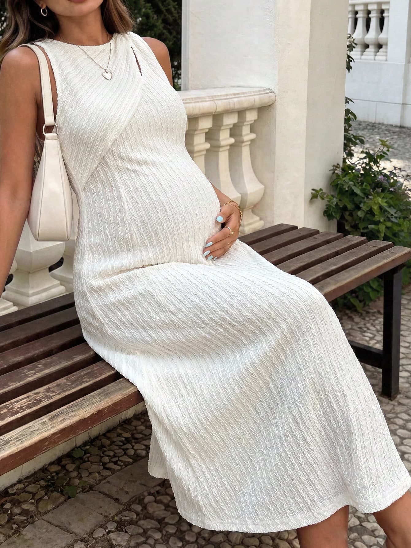 Lyckli Pregnant Women's Textured Minimalist Hollow-Out Tie-Up Dress, Summer Vacation