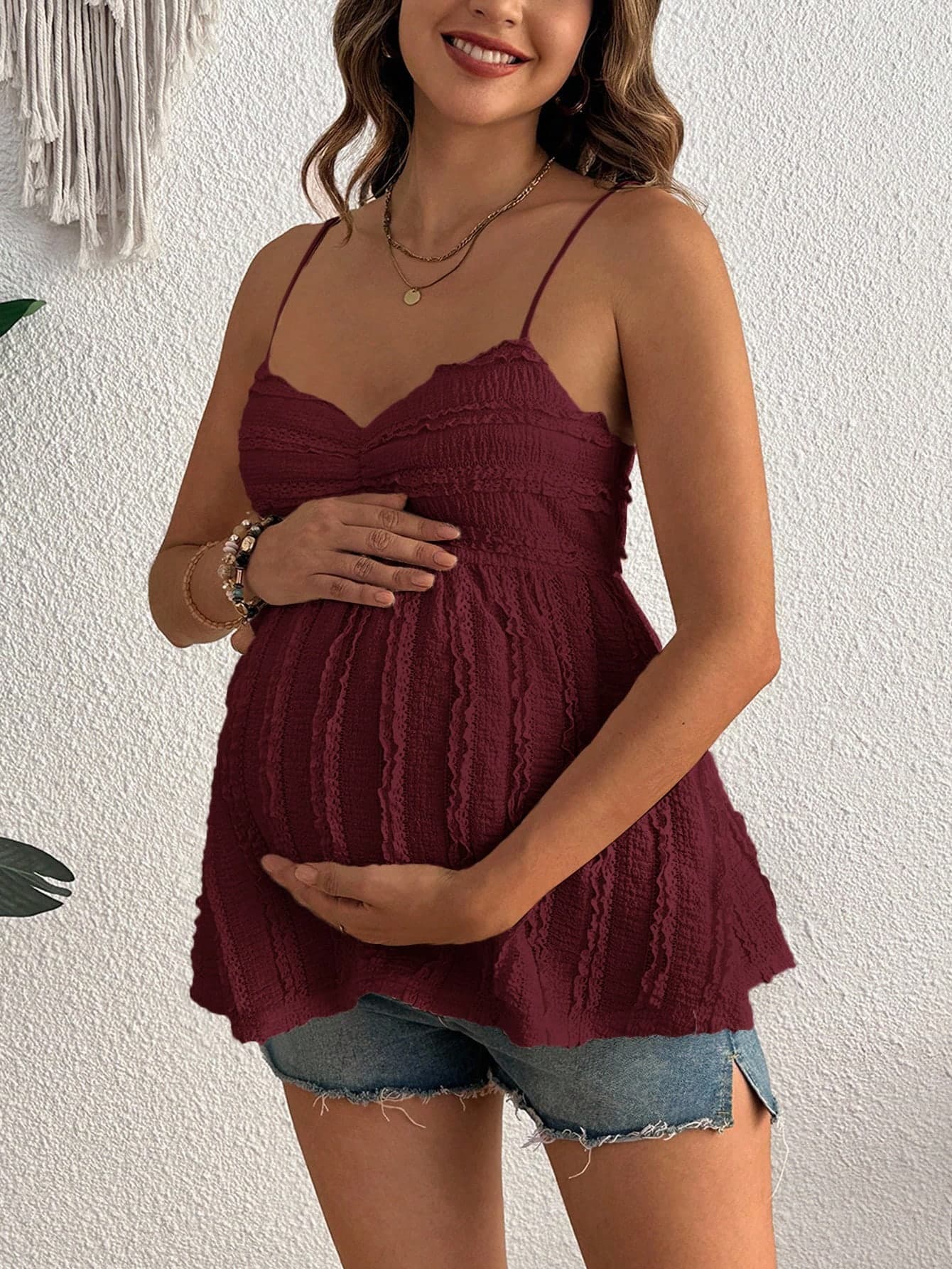 SHEIN Women's Fashion Pleated Design Solid Color Lace Maternity Camisole