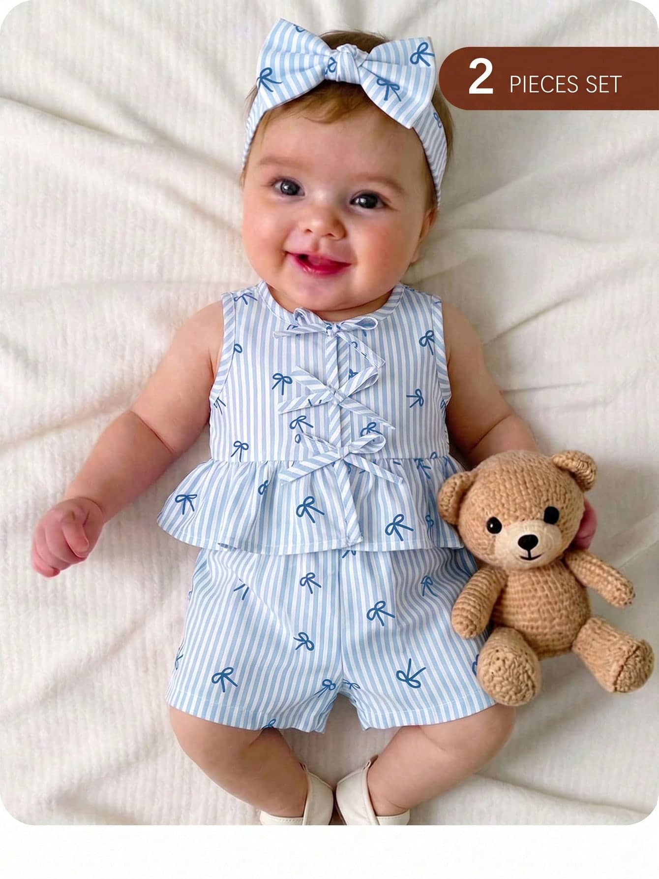 Newborn Baby Girl Vacation Casual Cute Striped Bow Decor Vest & Shorts Set