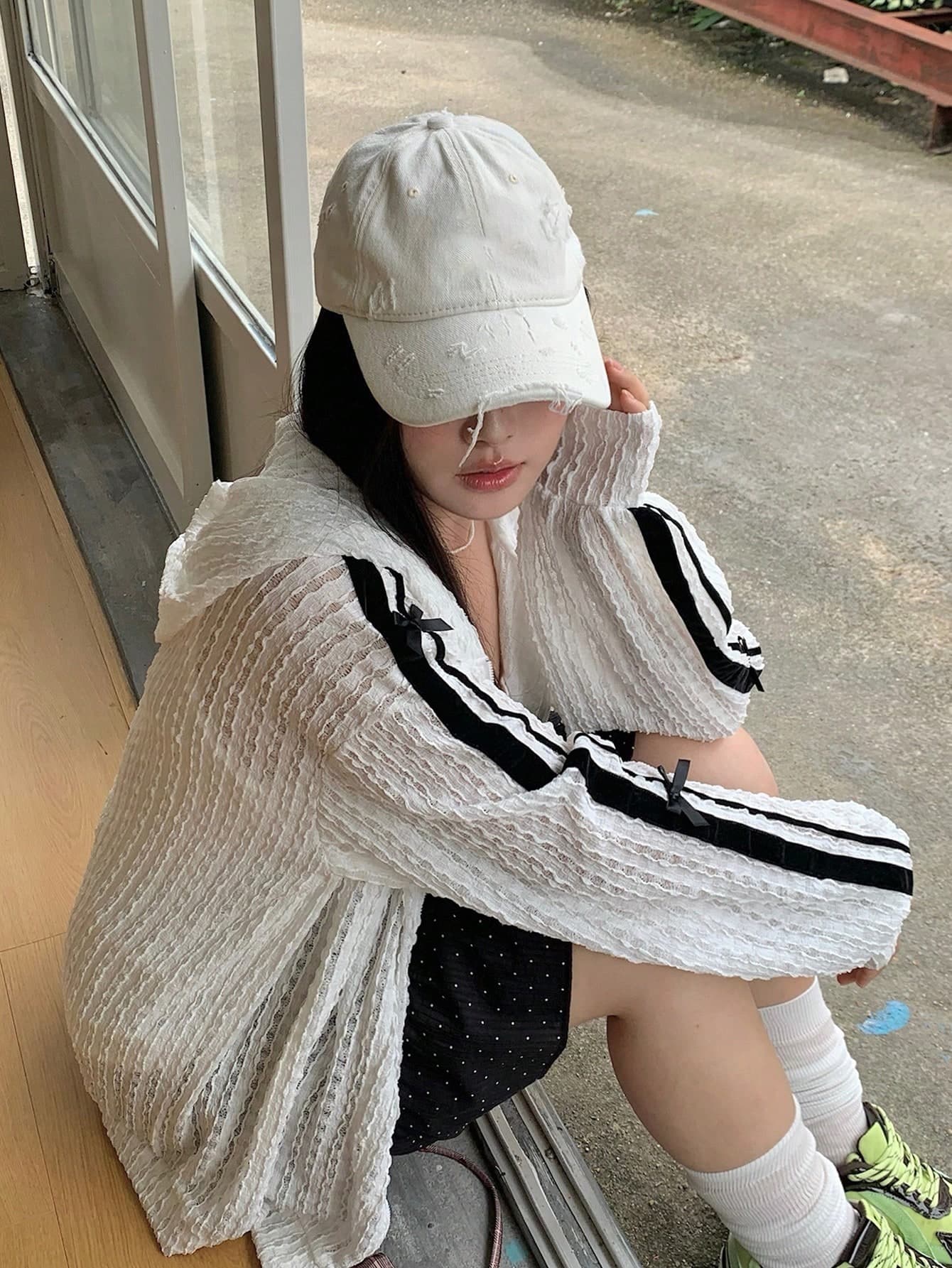Dazy Plus Textured Lace Fabric Korean Style Striped Patchwork Loose Bow Decor Casual Long Sleeve Spring/Summer White Plus Size Women Regular Jacket School