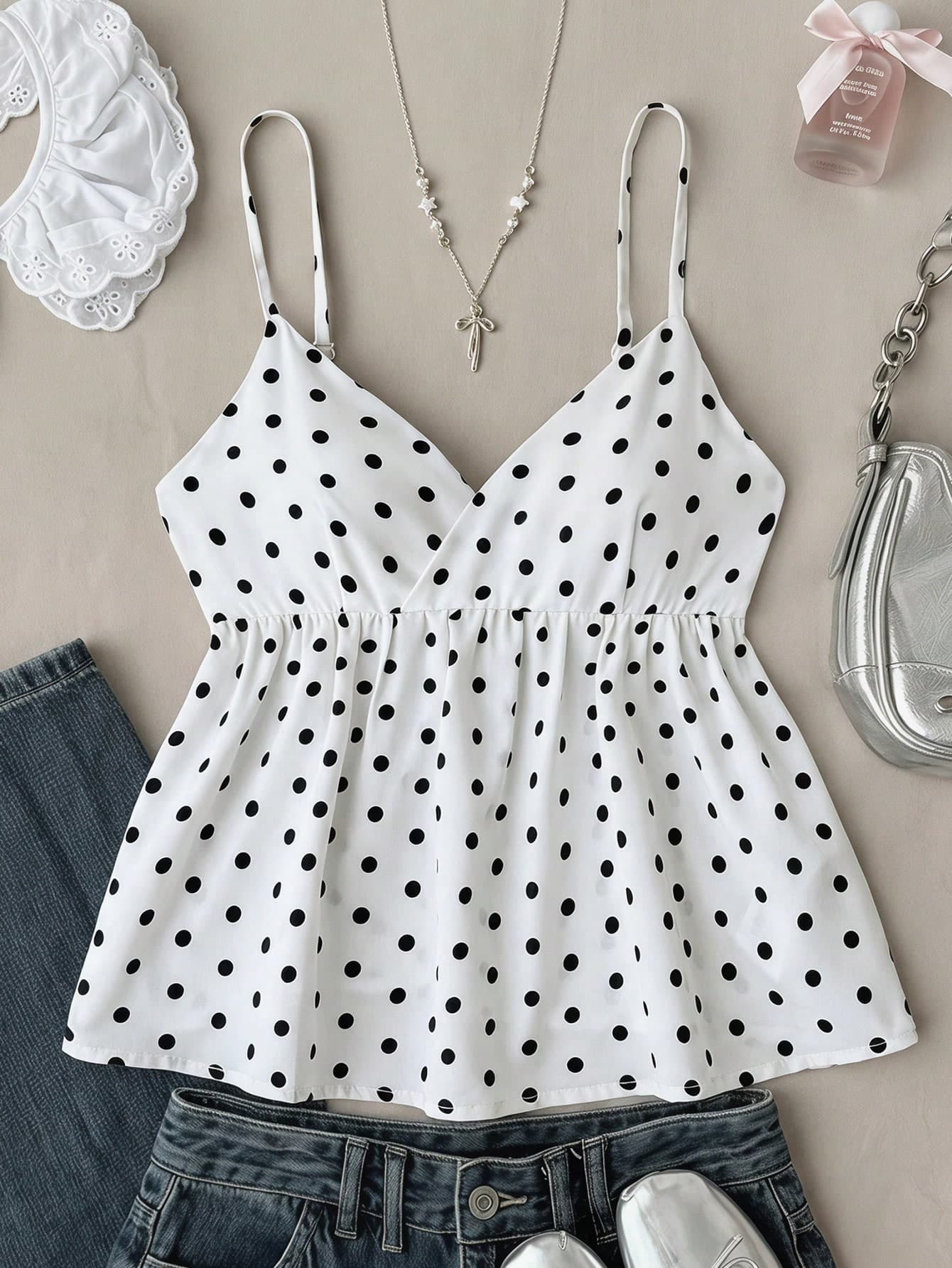 SHEIN Teen Girls Camisole Tops, New Casual Vacation Polka Dot V-Neck Camisole For Spring/Summer